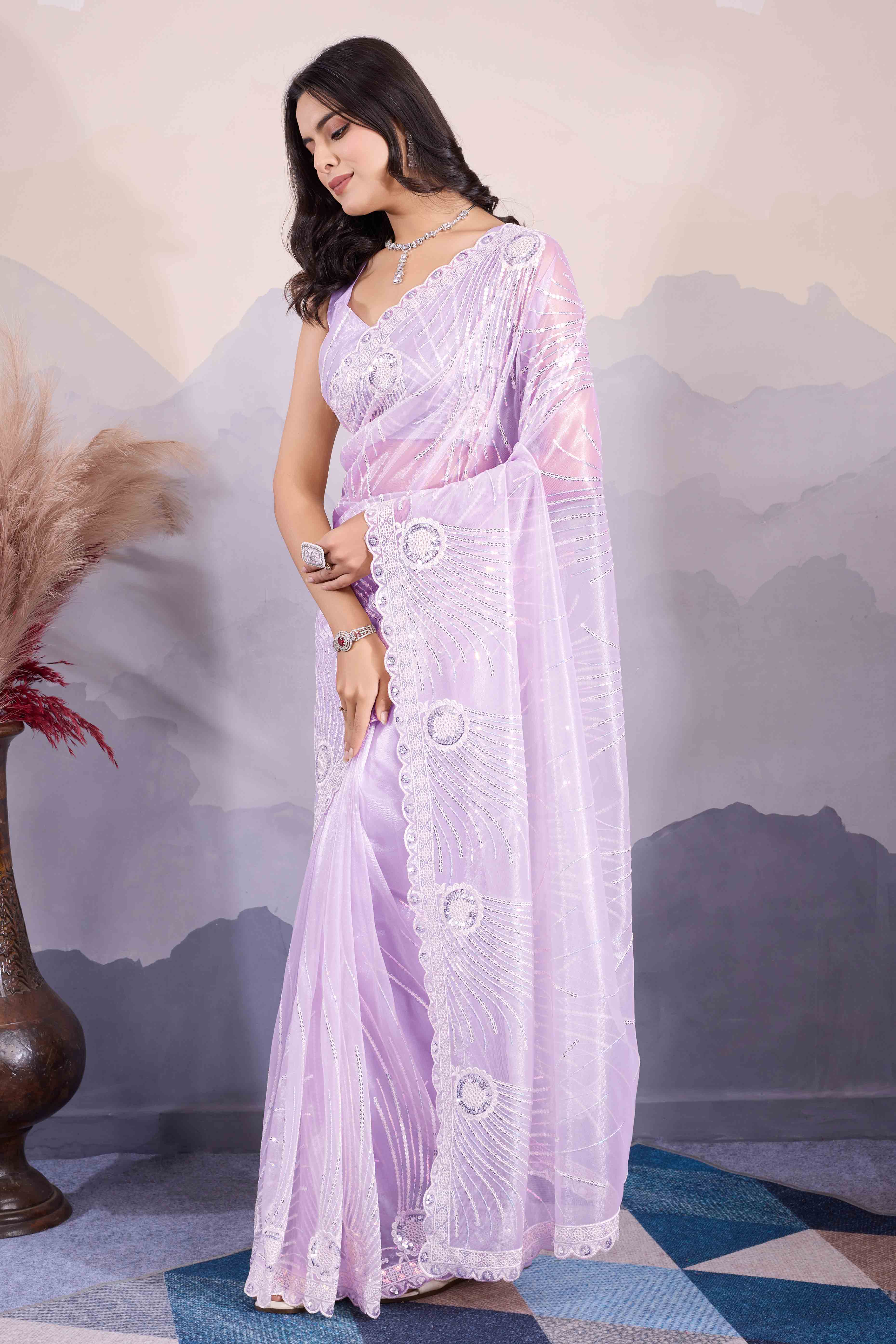 Lavender Sequins Embroidered Twill Net Saree