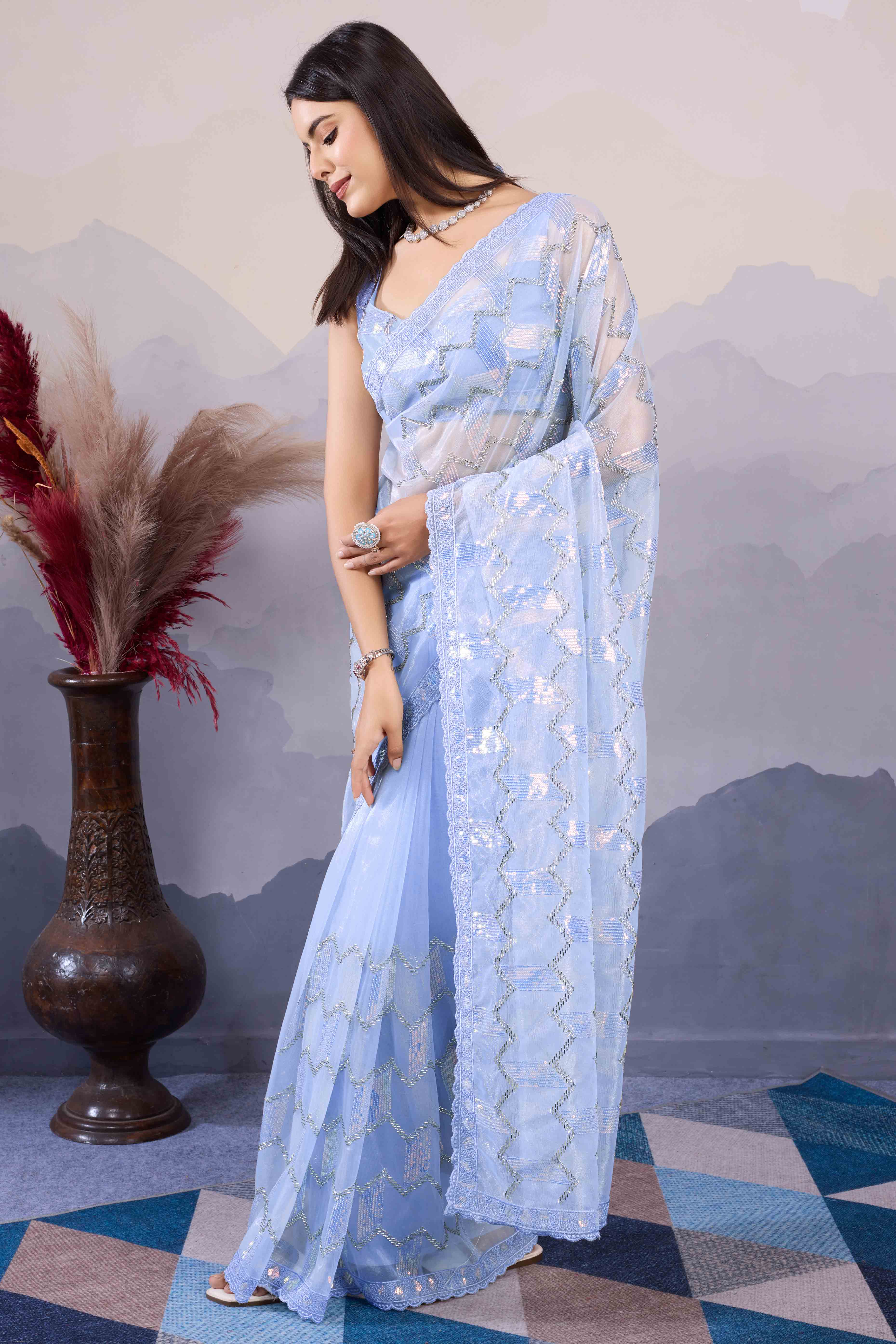 Blue Sequins Embroidered Twill Net Saree