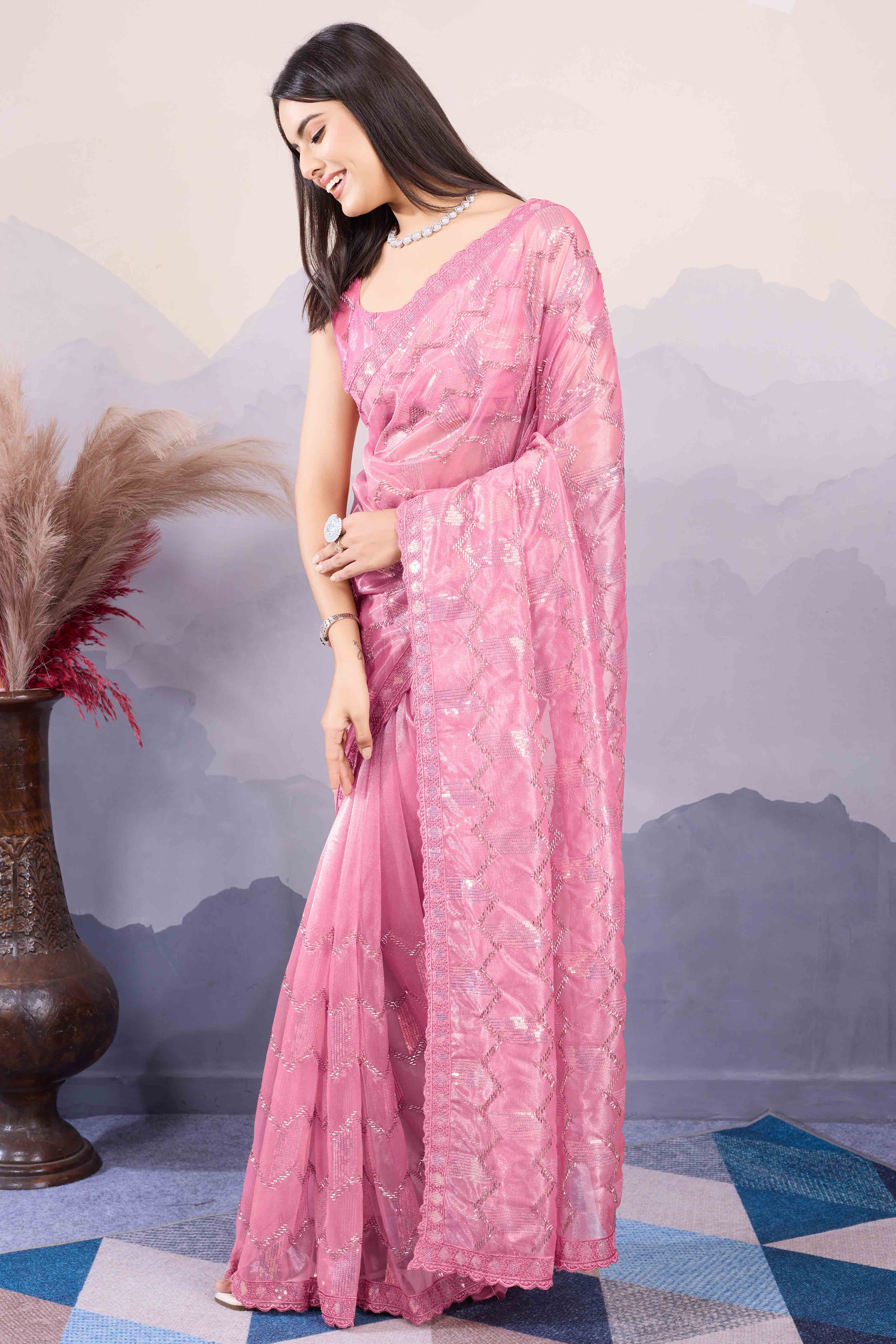 Onion Pink Sequins Embroidered Twill Net Saree