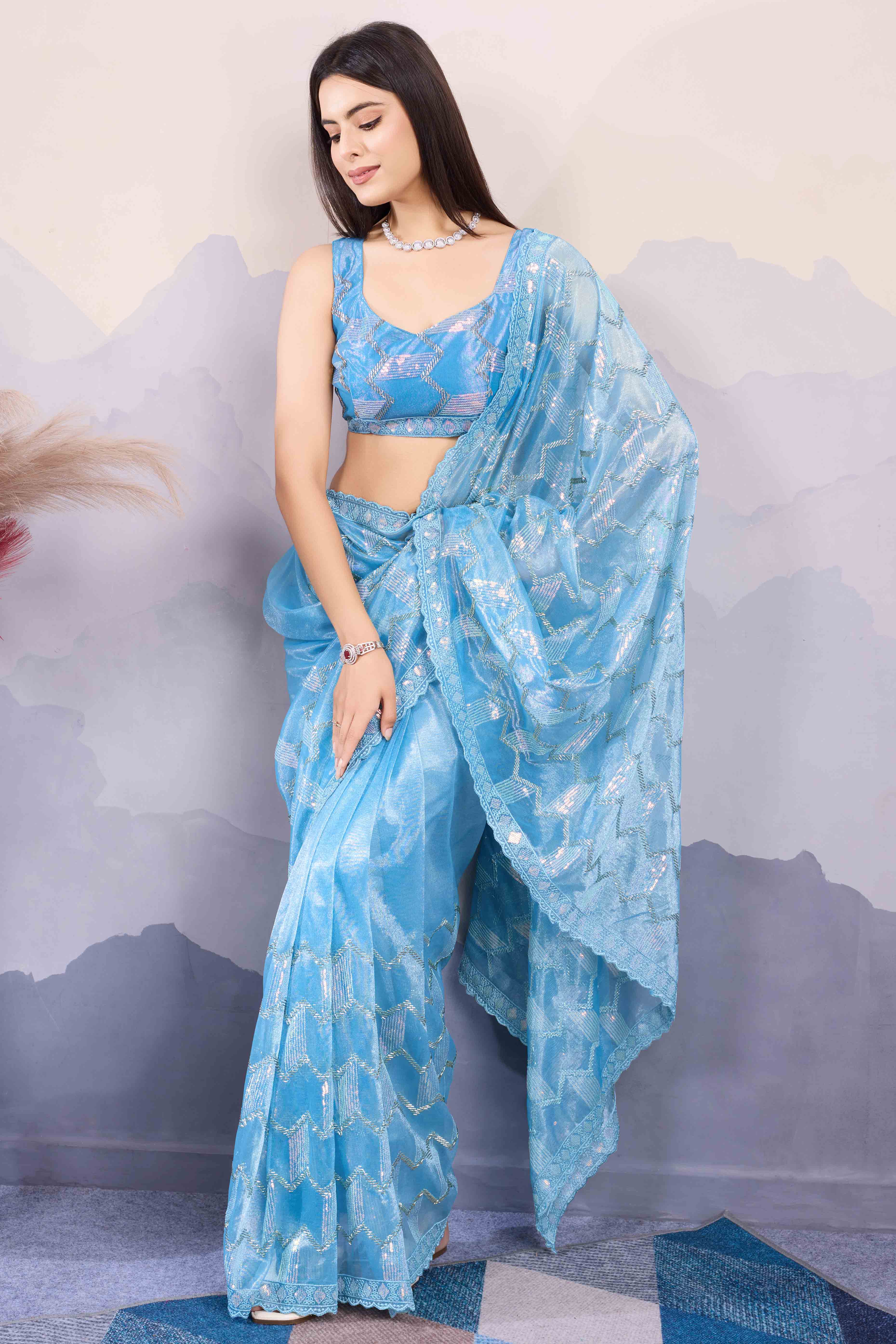 Blue Sequins Embroidered Twill Net Saree