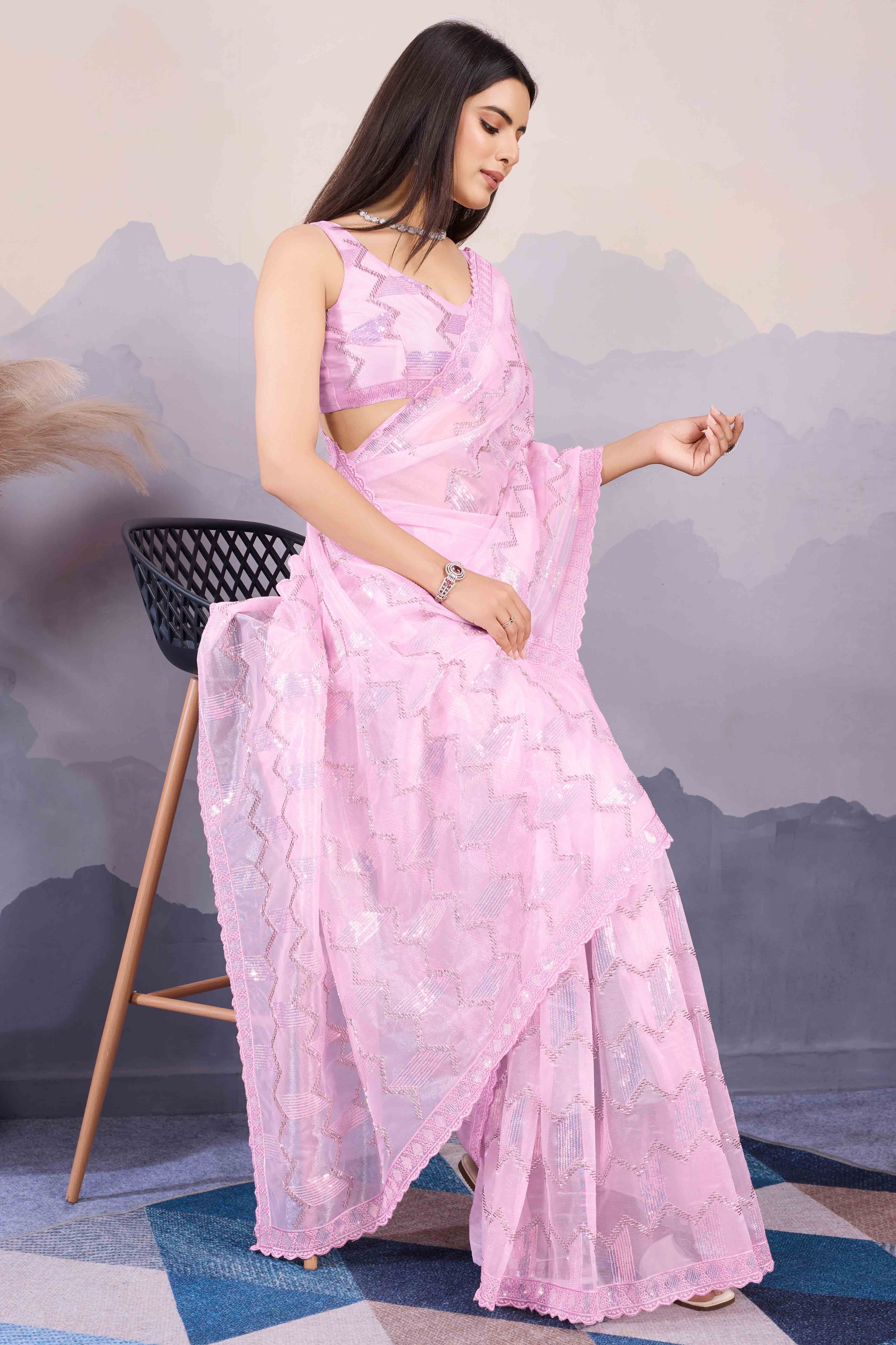 Baby Pink Sequins Embroidered Twill Net Saree