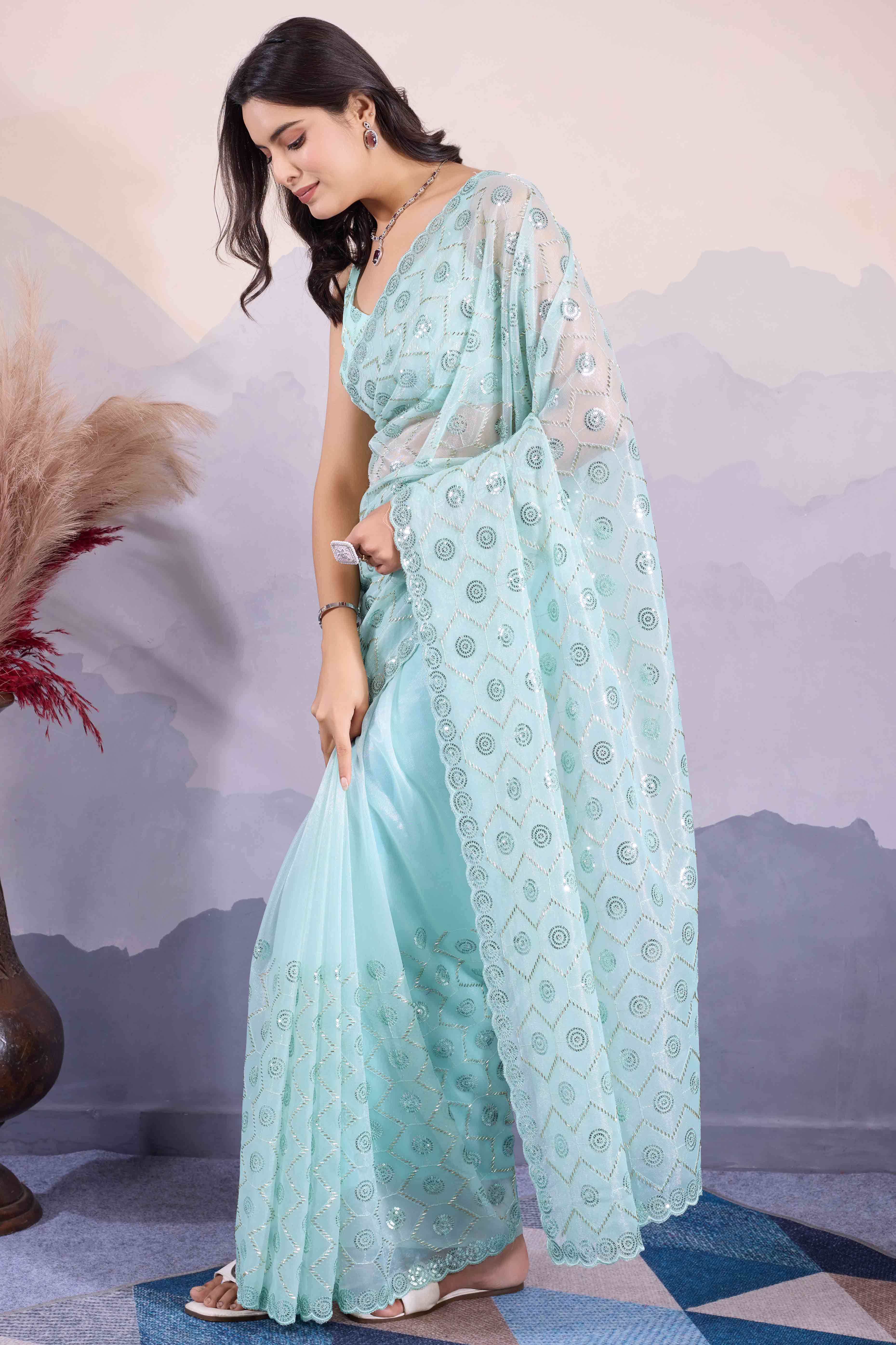 Blue Sequins Embroidered Twill Net Saree