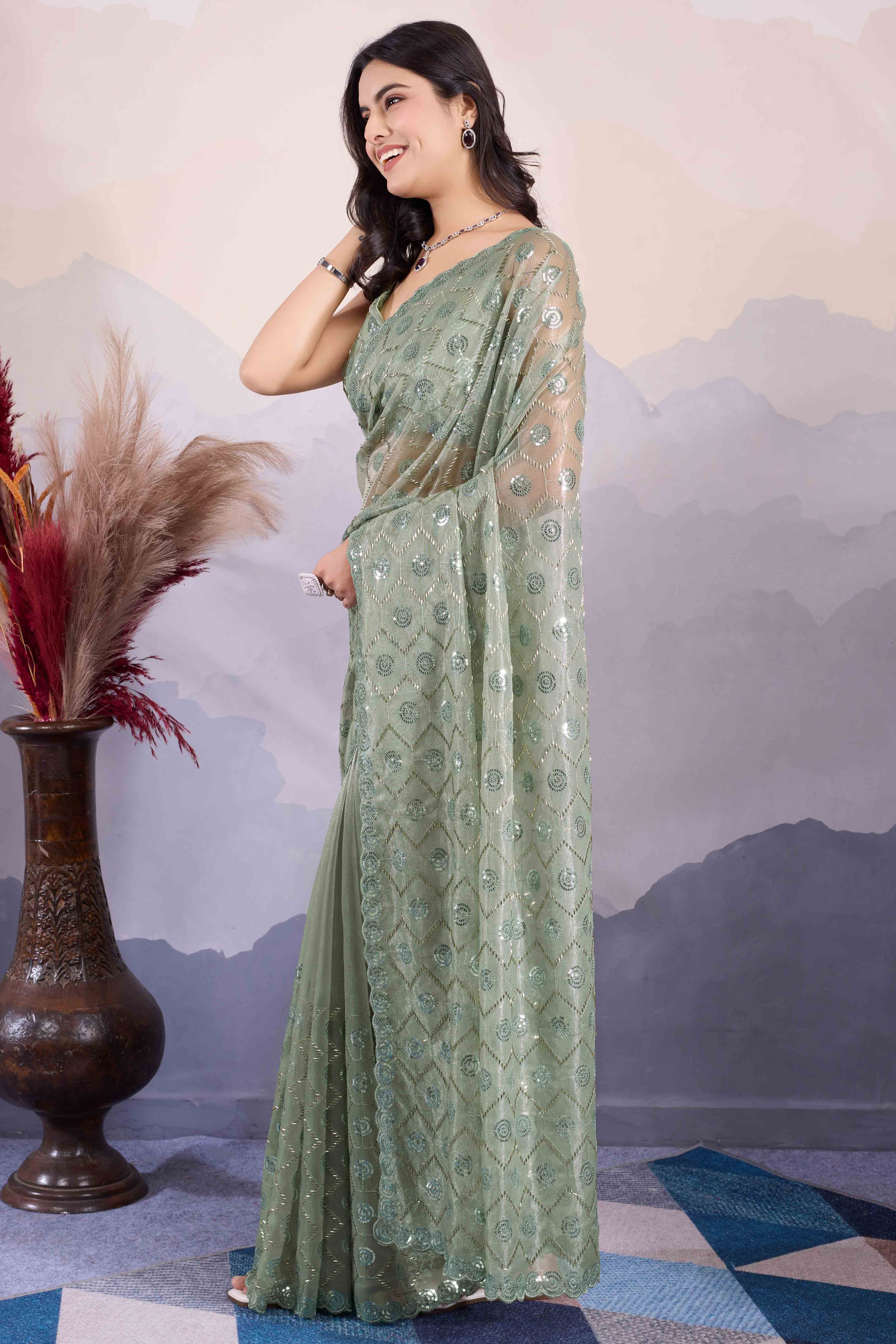 Green Sequins Embroidered Twill Net Saree