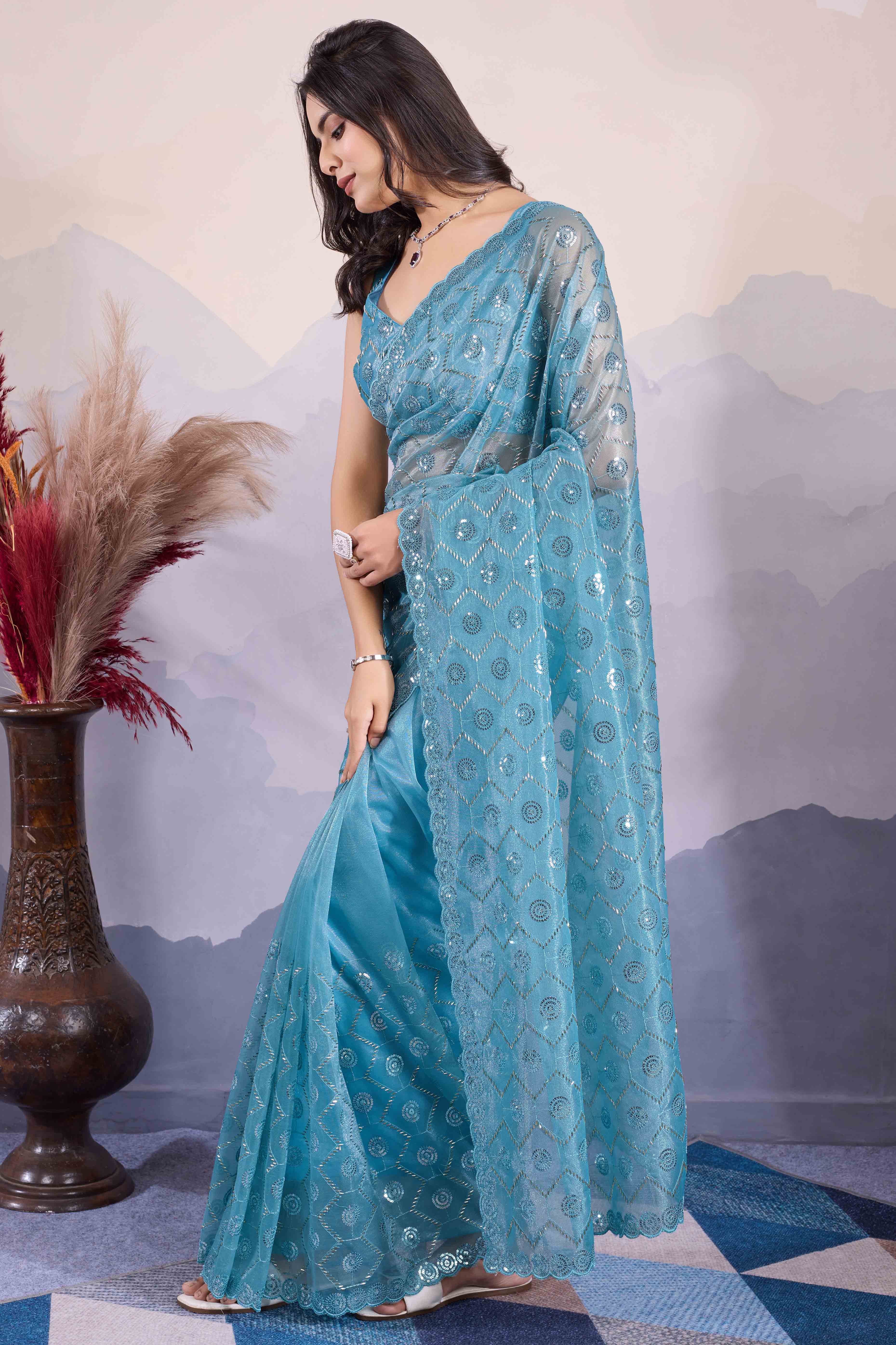 Blue Sequins Embroidered Twill Net Saree