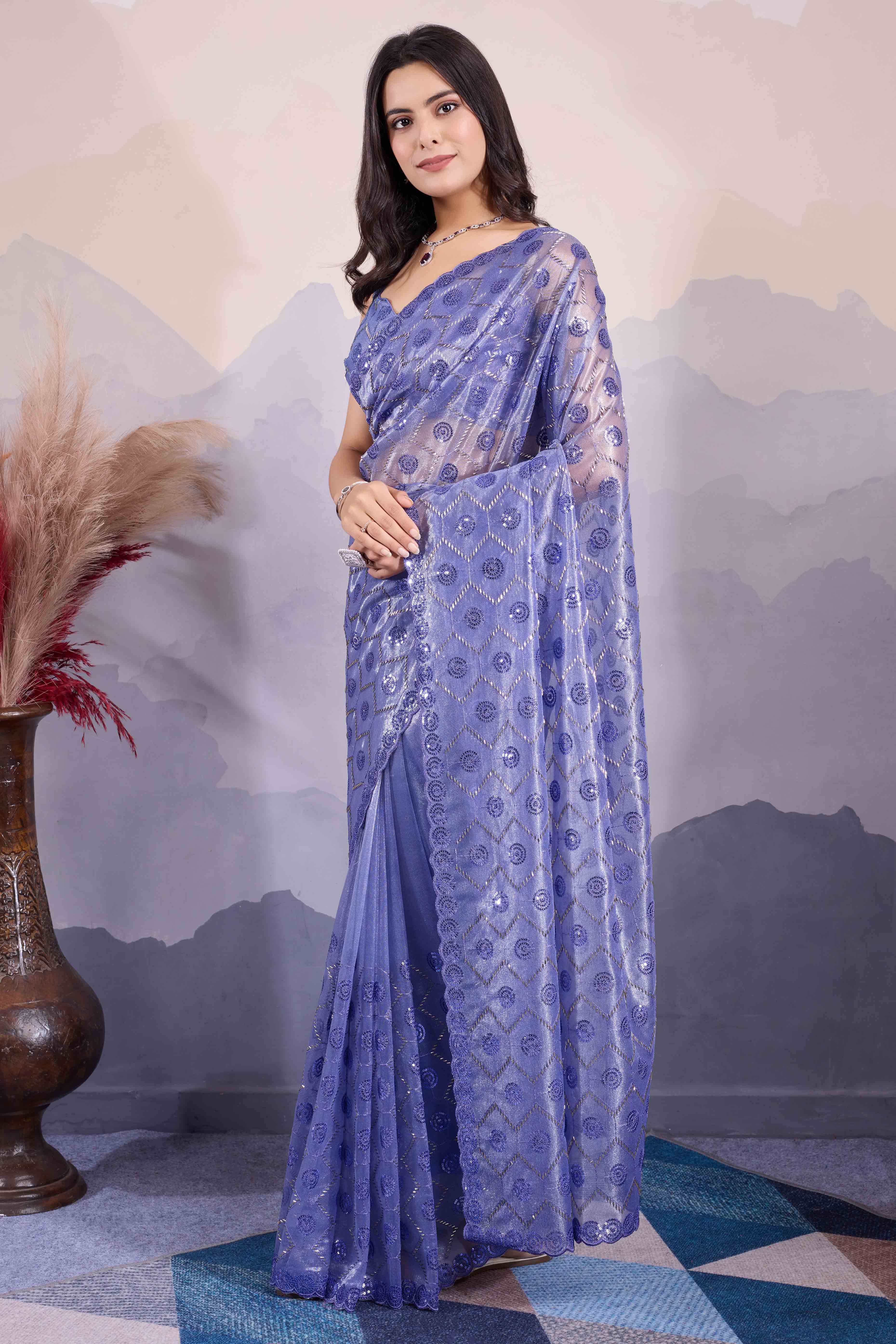 Light Slate Blue Sequins Embroidered Twill Net Saree