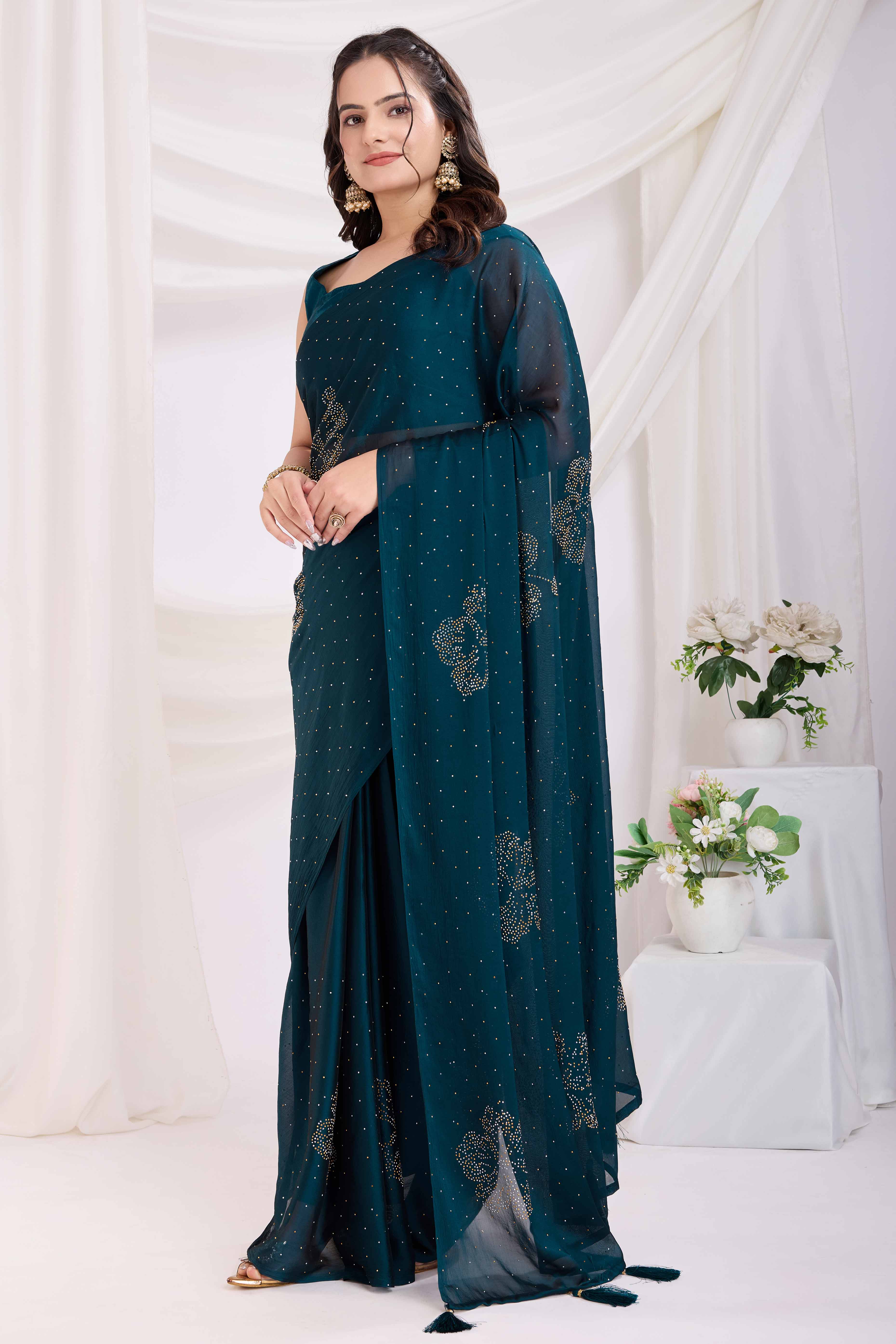 Morpich Blue Floral Swarovski Work Rangoli Art Silk Ready To Wear Saree