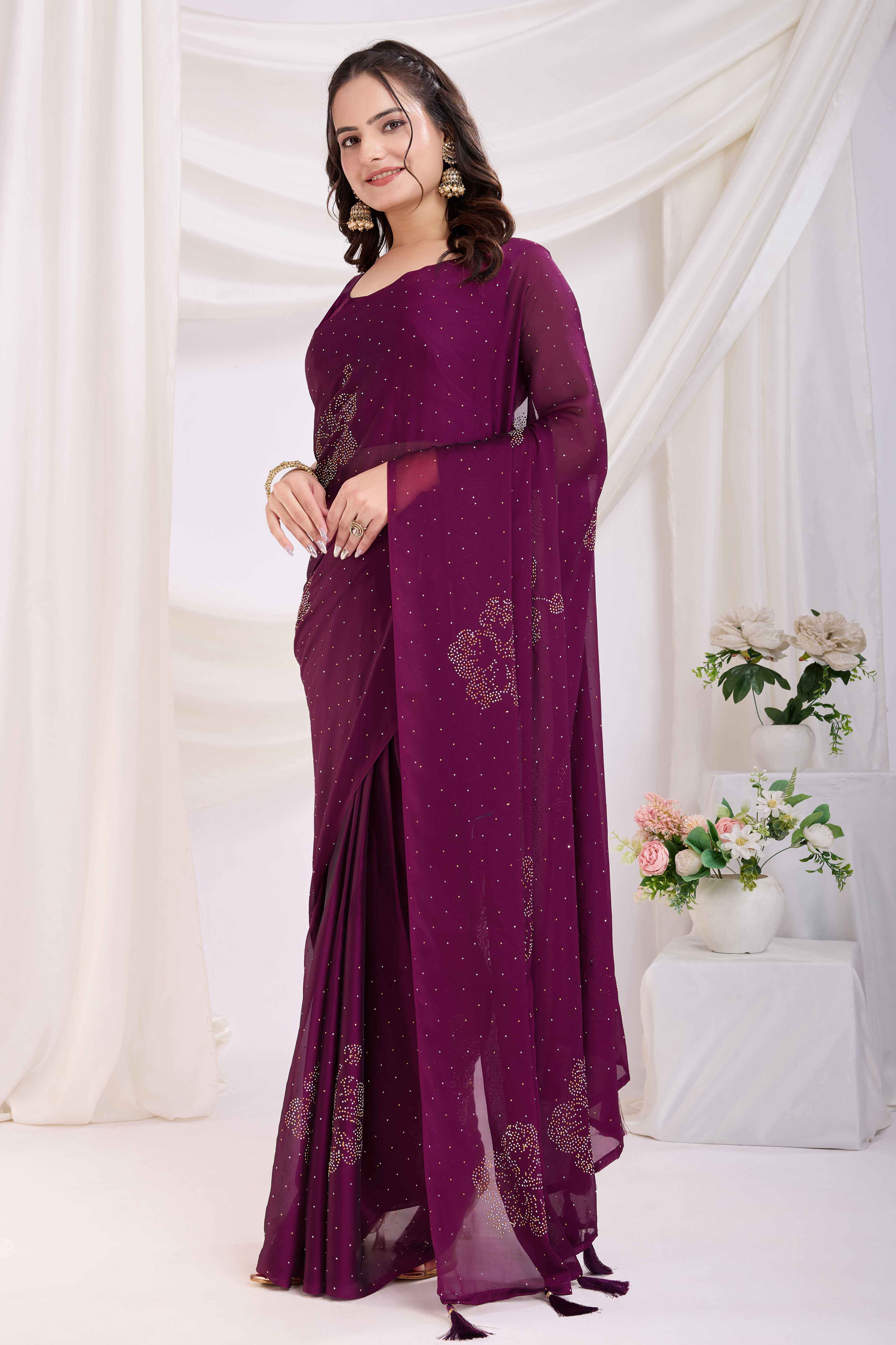 Purple Floral Swarovski Work Rangoli Art Silk Ready To Wear Saree