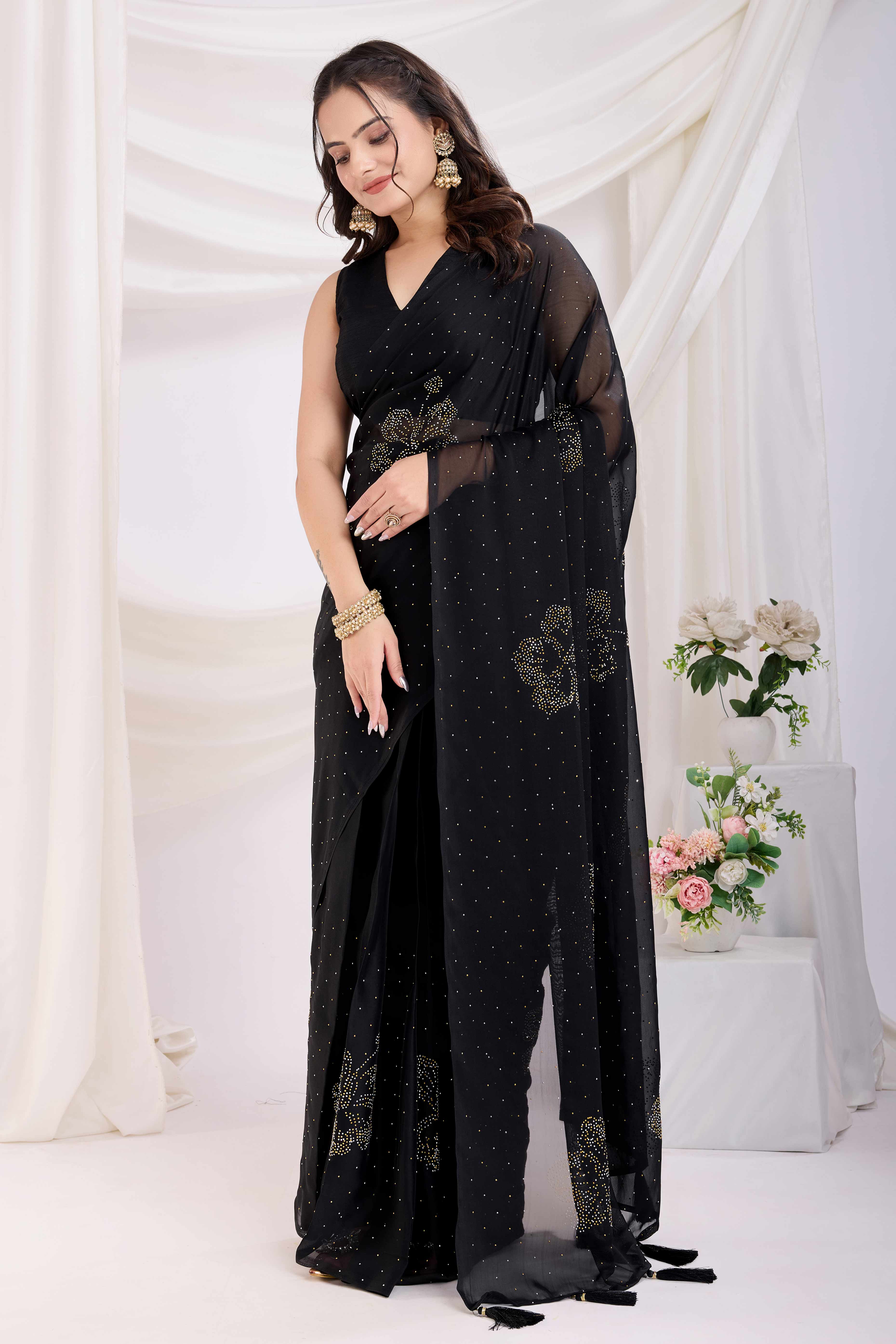 Black Floral Swarovski Work Rangoli Art Silk Ready To Wear Saree