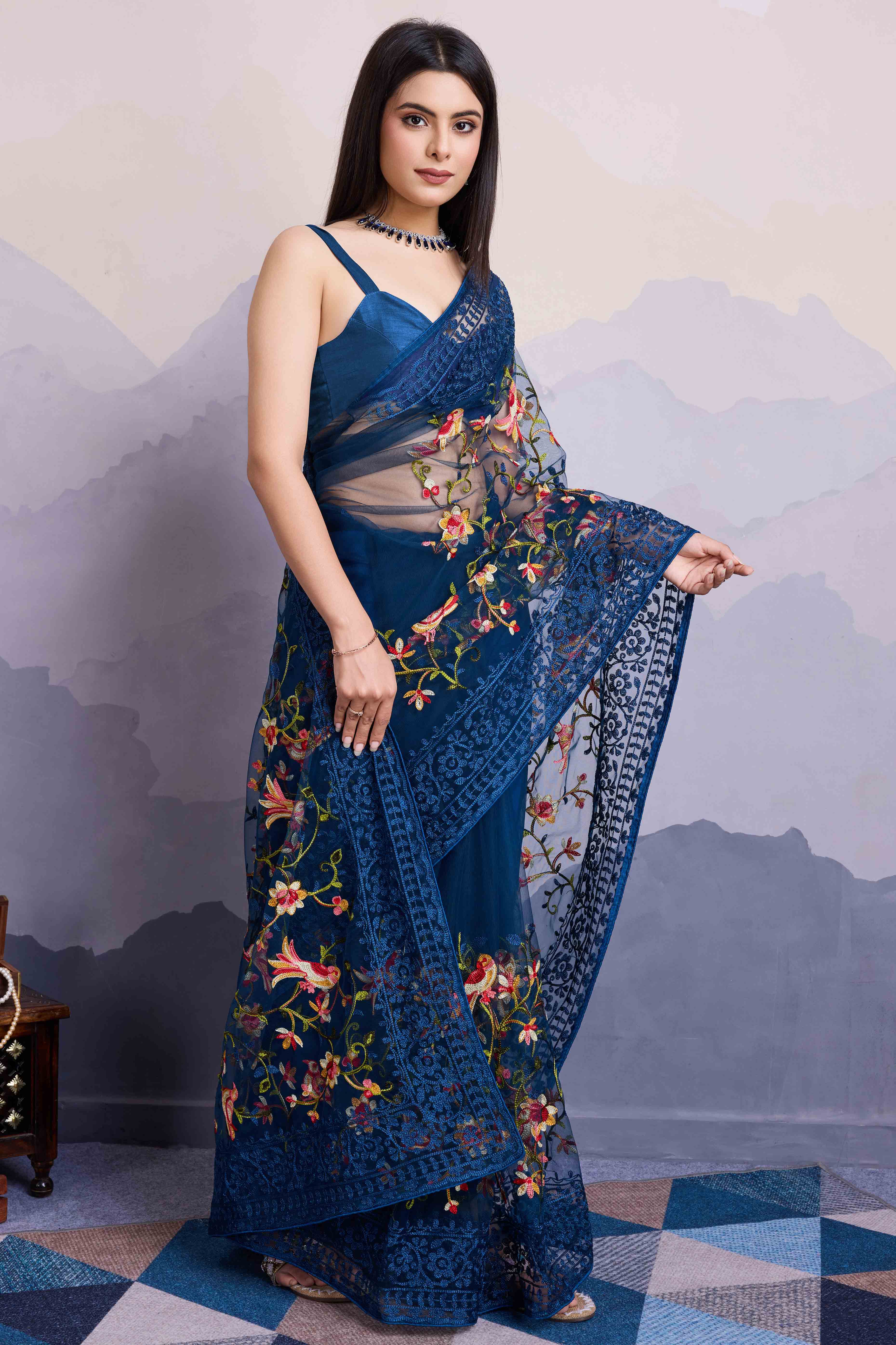 Navy Blue Floral Embroidered Net Saree