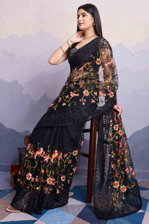 Black Floral Embroidered Net Saree