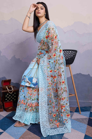 Sky Blue Floral Embroidered Net Saree