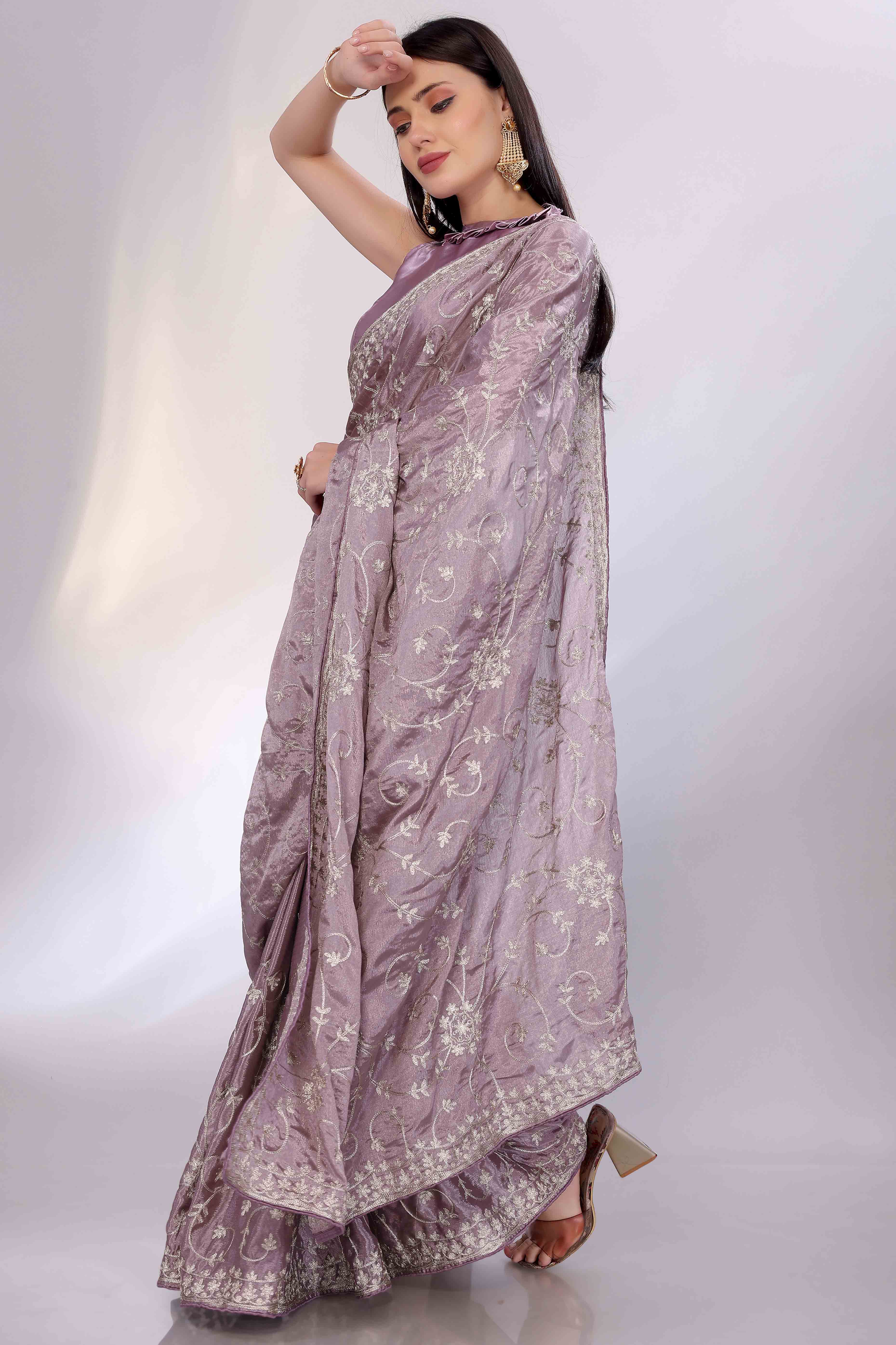 Lavender Chinon Silk Saree Adorned With Fine Floral Thread Work