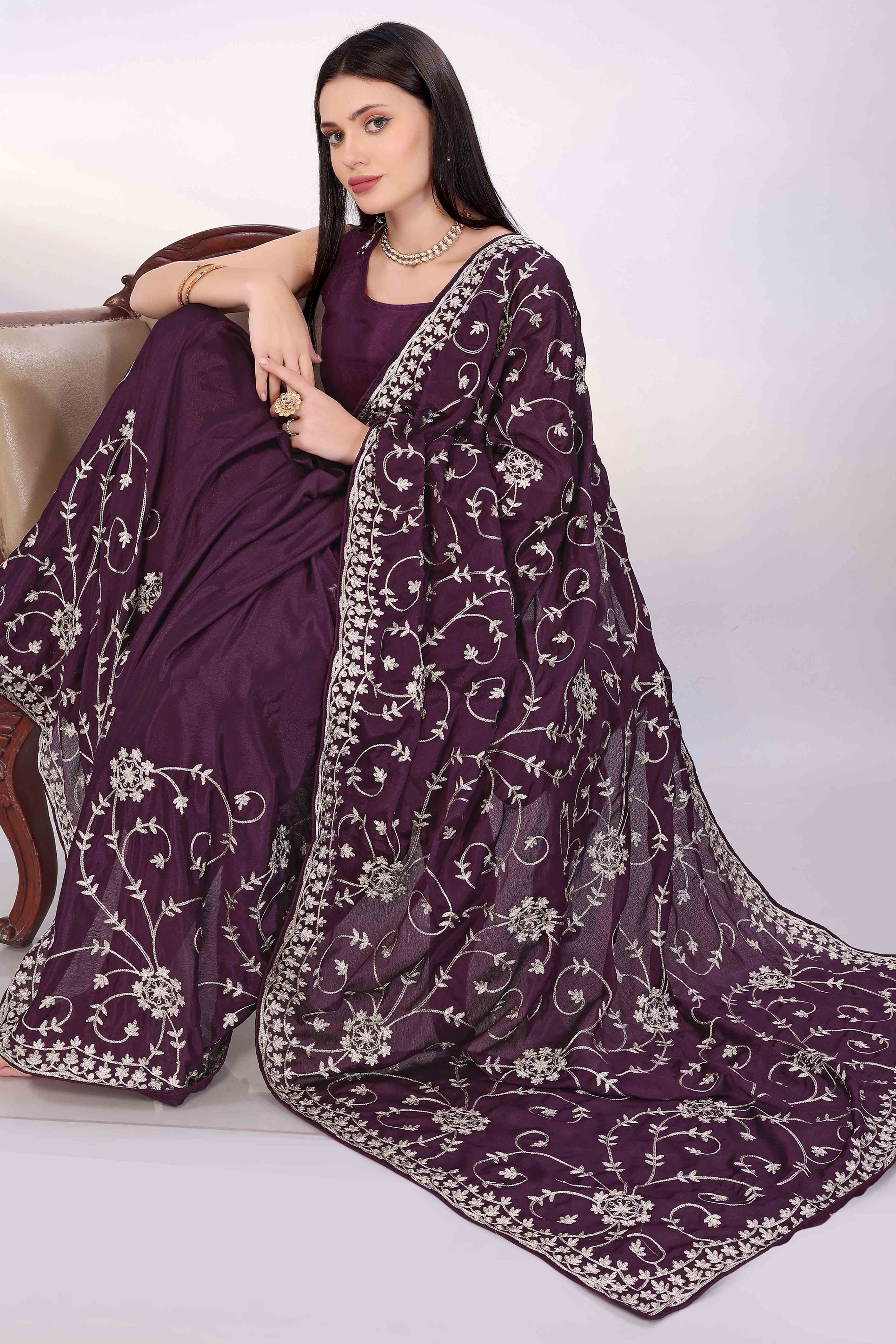 Wine Chinon Silk Saree Adorned With Fine Floral Thread Work