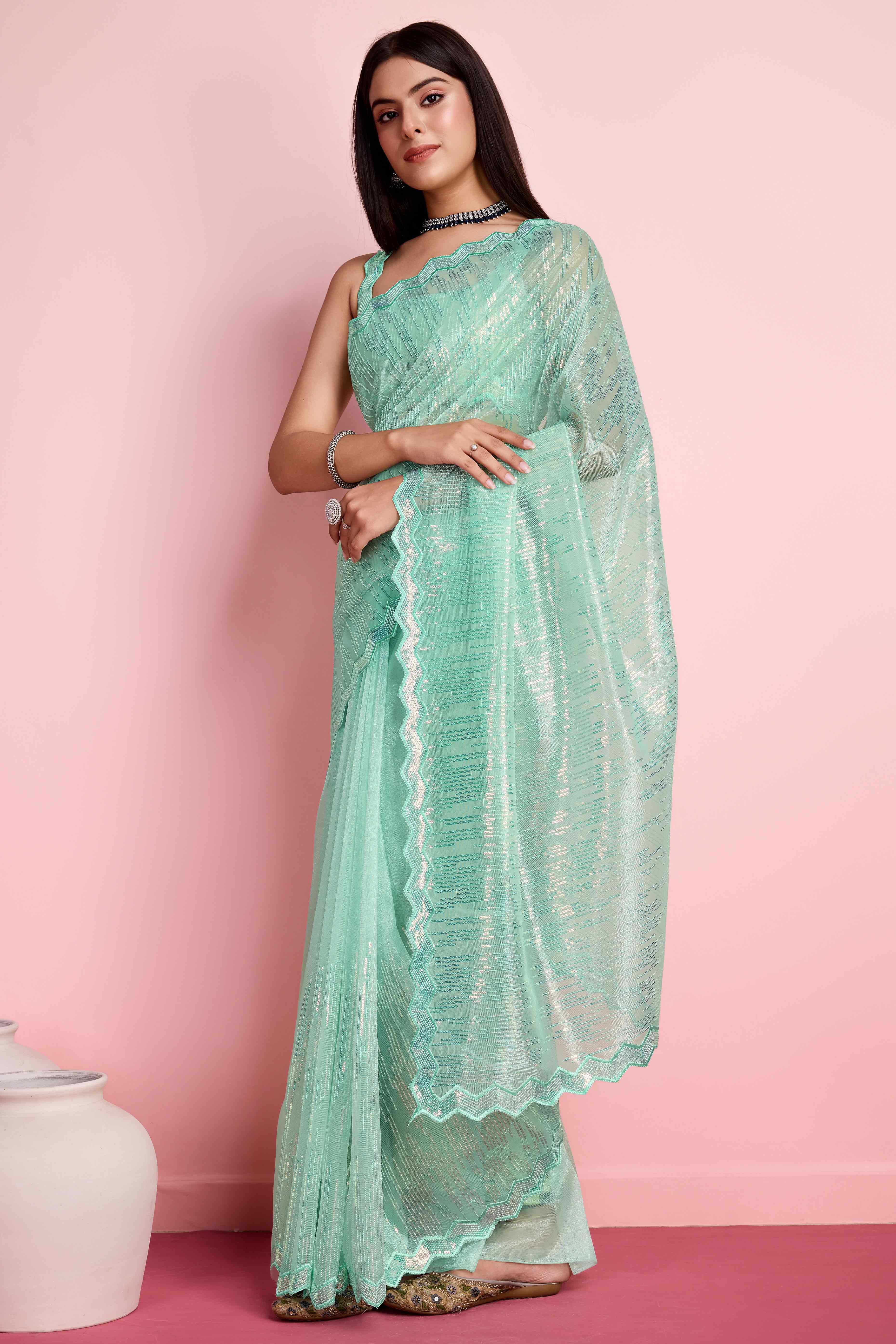 Foam Sea Green Sequins Embroidered Silver Twill Net Saree