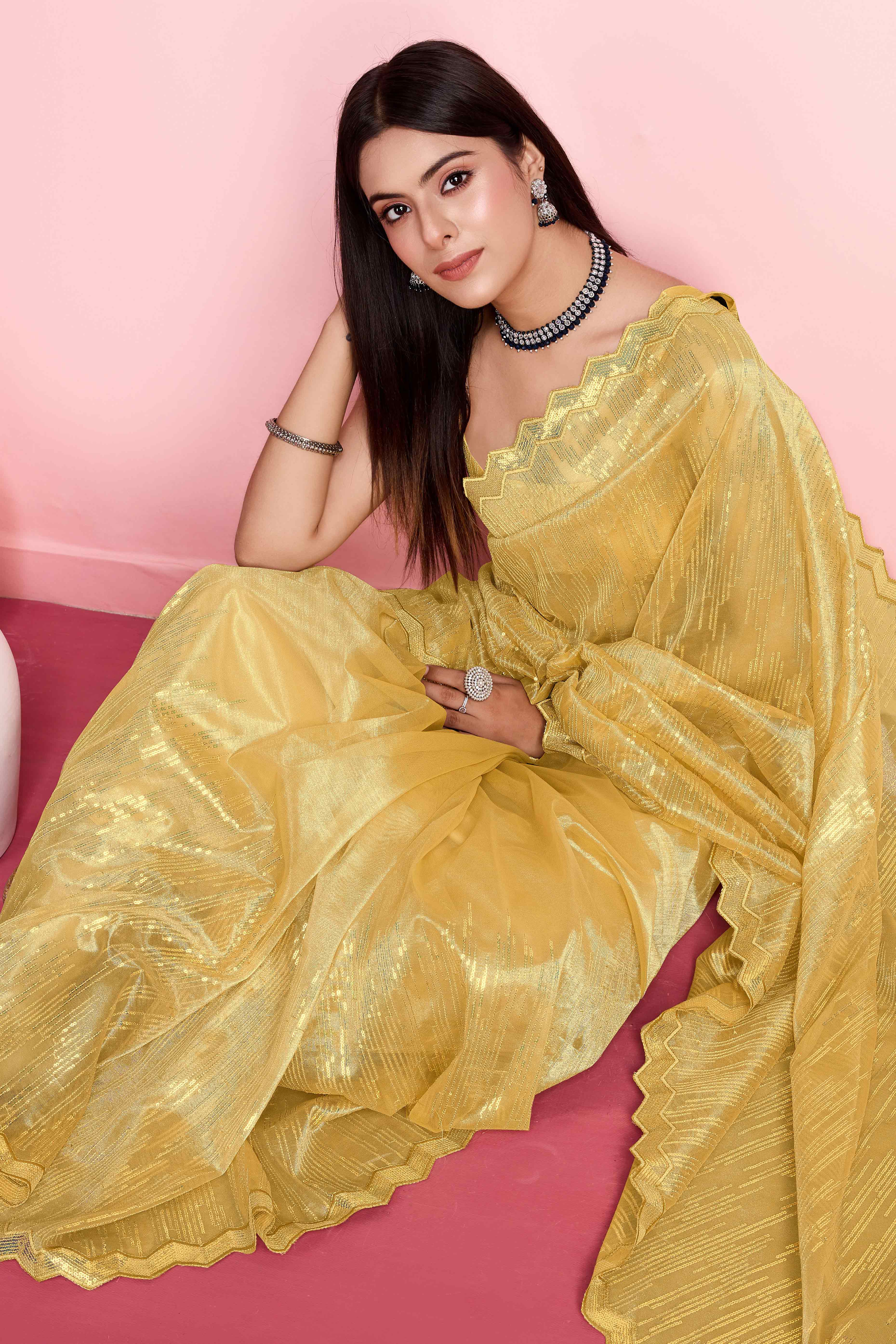 Yellow Sequins Embroidered Silver Twill Net Saree