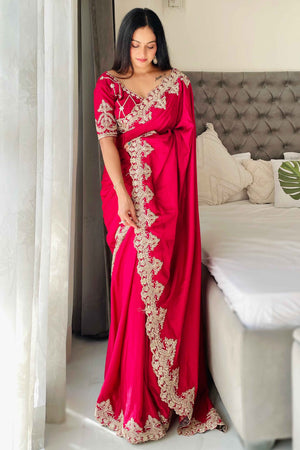 Pink Chinon Silk Blend Saree With Intricate Sequins & Cording Embroidery