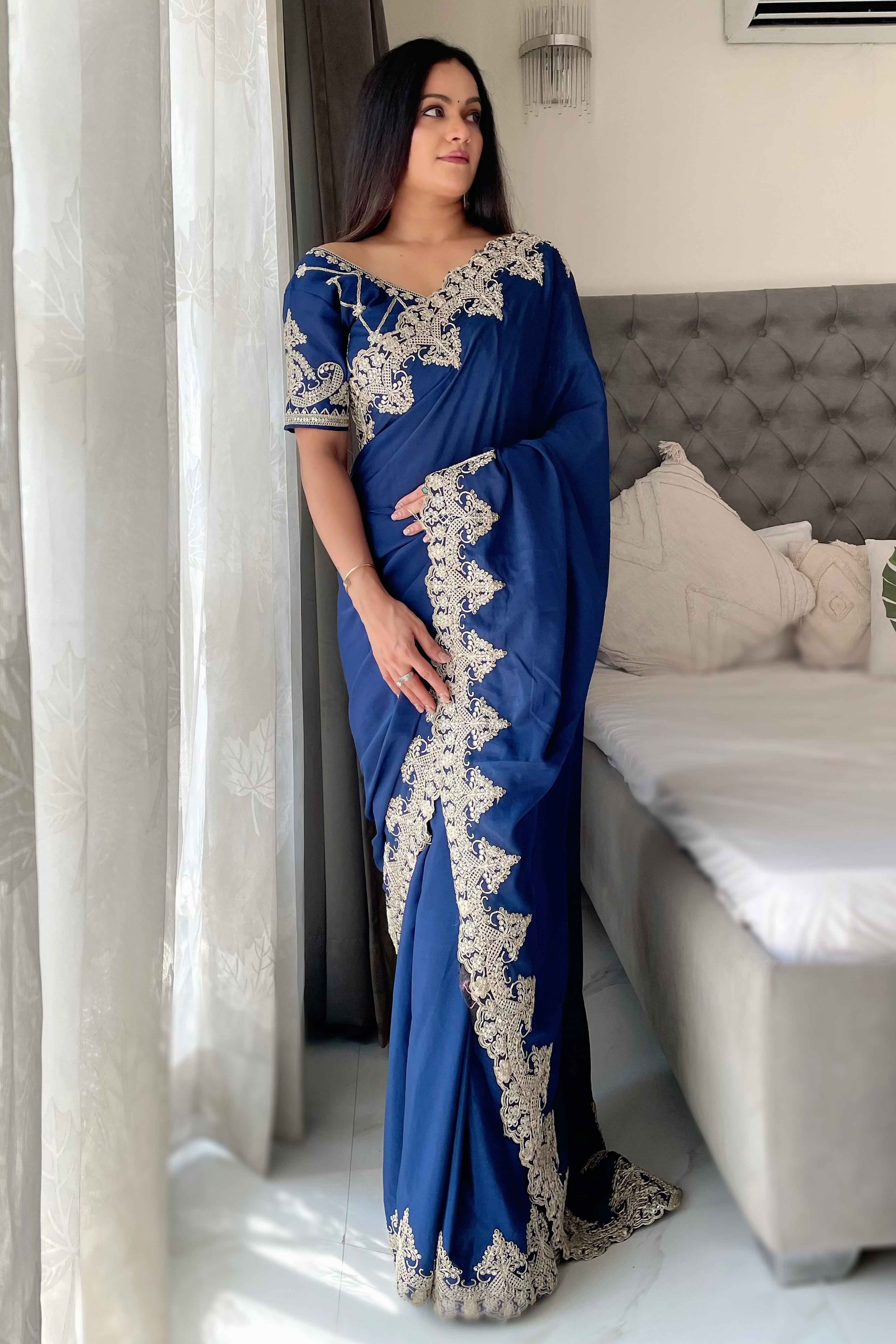 Navy Blue Chinon Silk Blend Saree With Intricate Sequins & Cording Embroidery