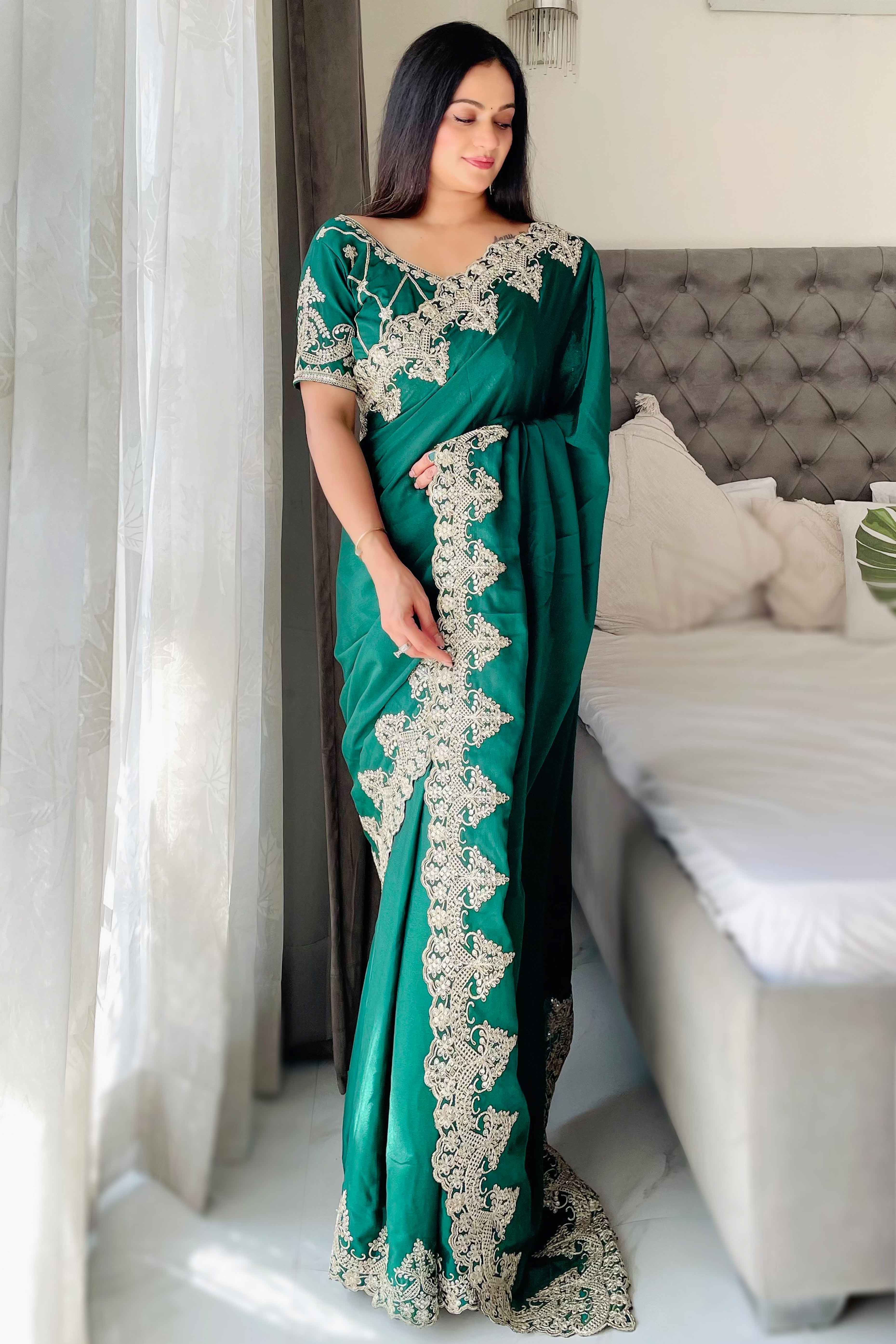 Green Chinon Silk Blend Saree With Intricate Sequins & Cording Embroidery