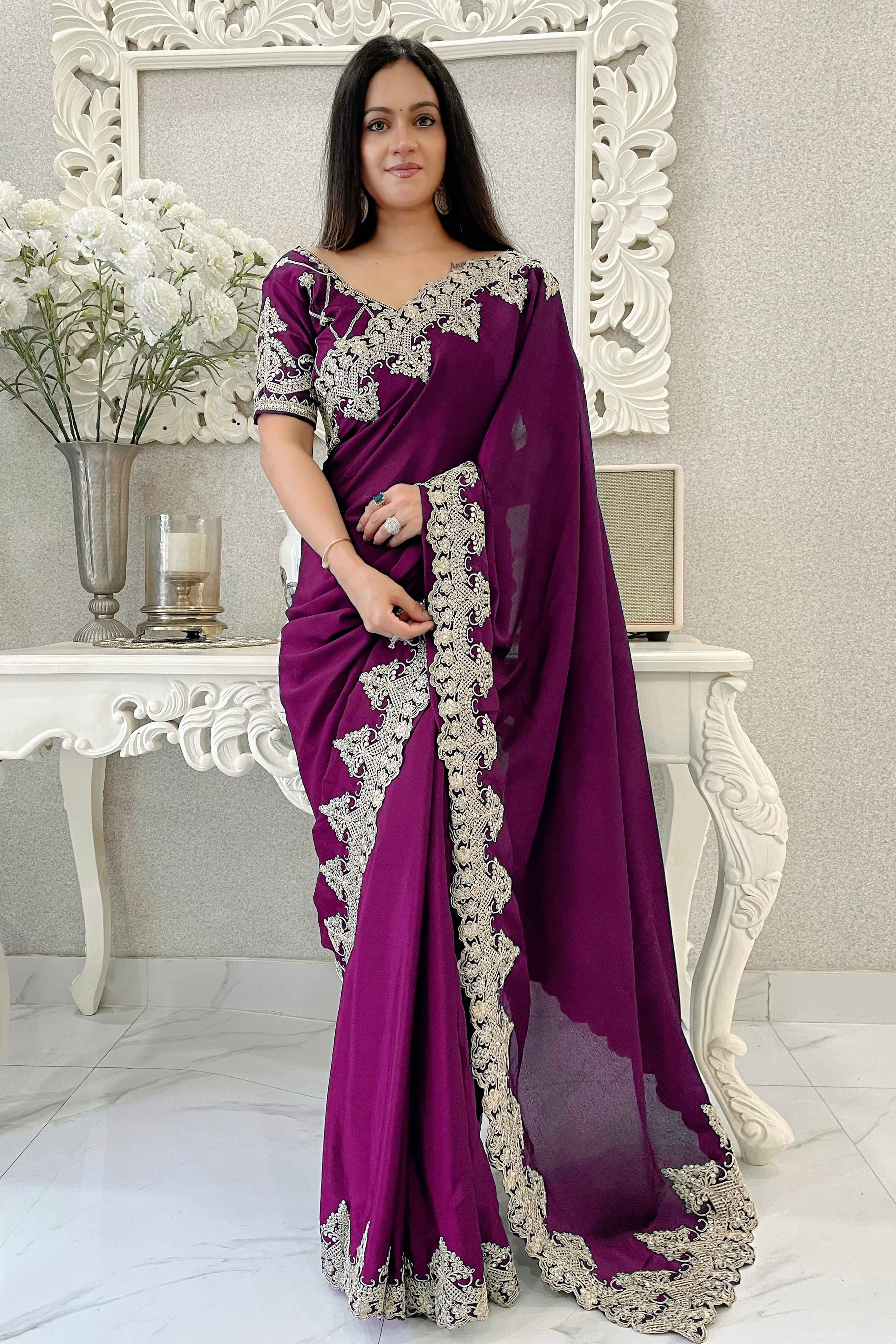 Wine Chinon Silk Blend Saree With Intricate Sequins & Cording Embroidery