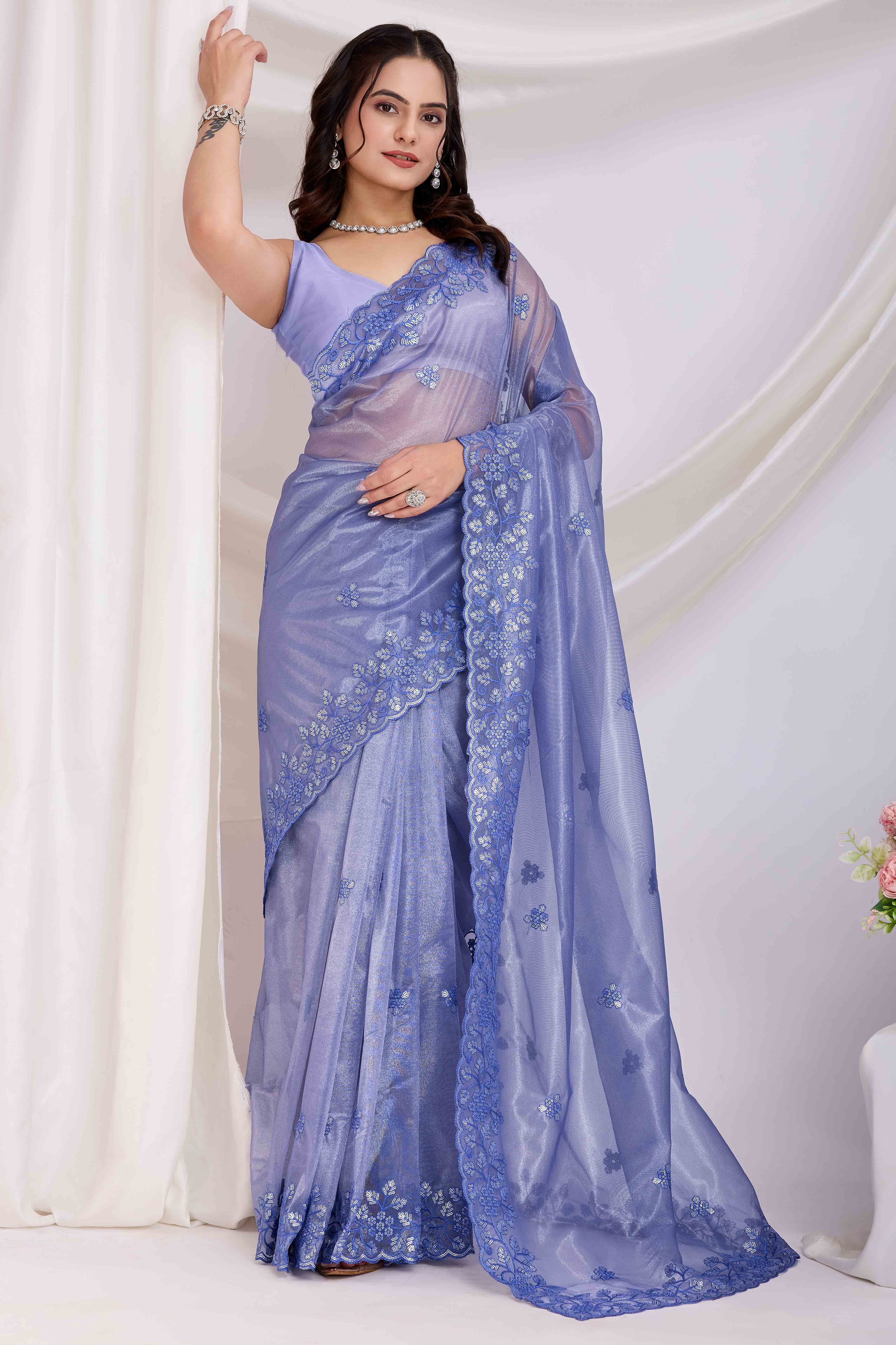 Periwinkle Blue Twill Net Saree Embellished With Sequin Floral Embroidery
