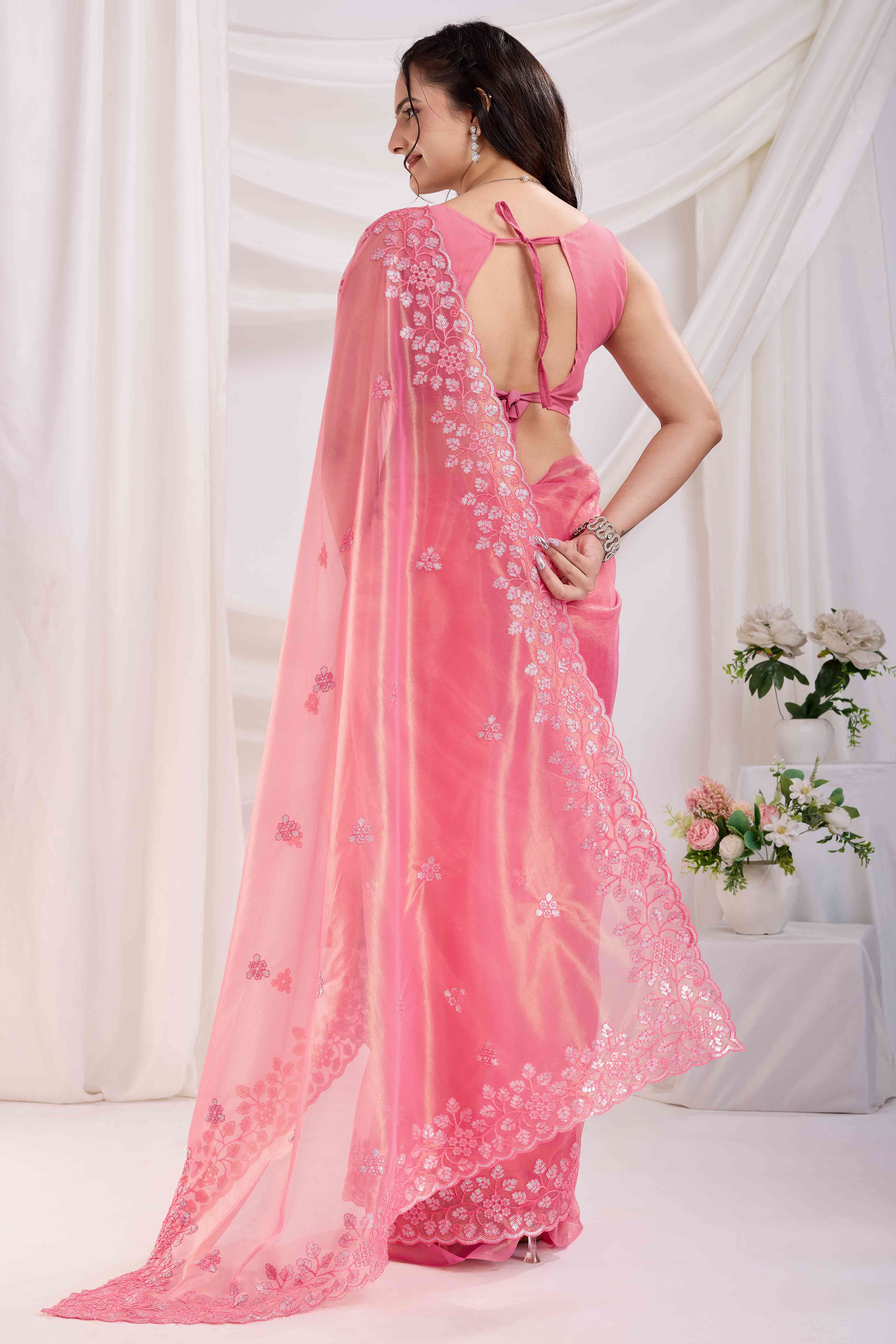 Gajari Pink Twill Net Saree Embellished With Sequin Floral Embroidery