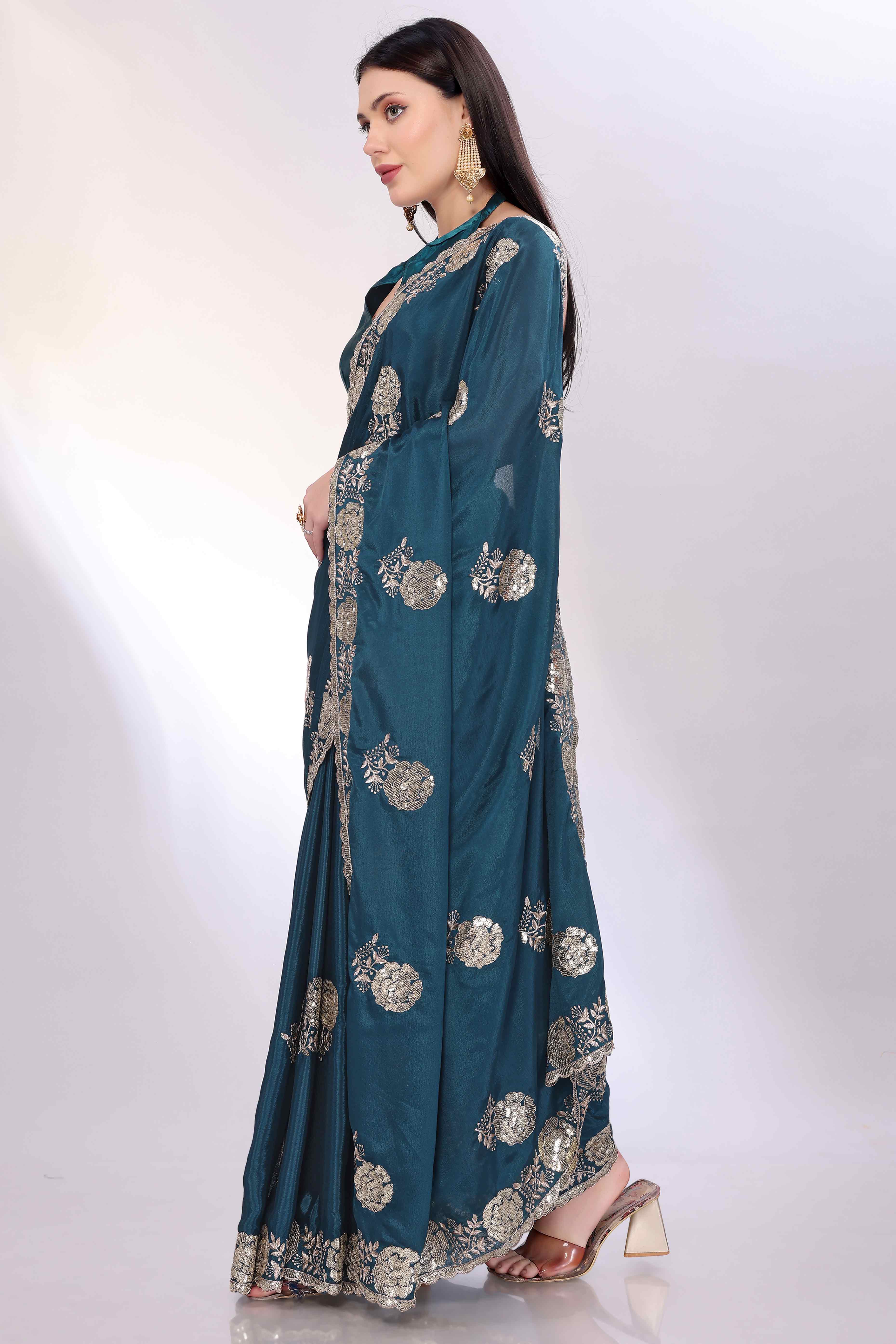 Teal Saree Featuring Intricate Floral Embroidery With Sequins On Chinon Silk