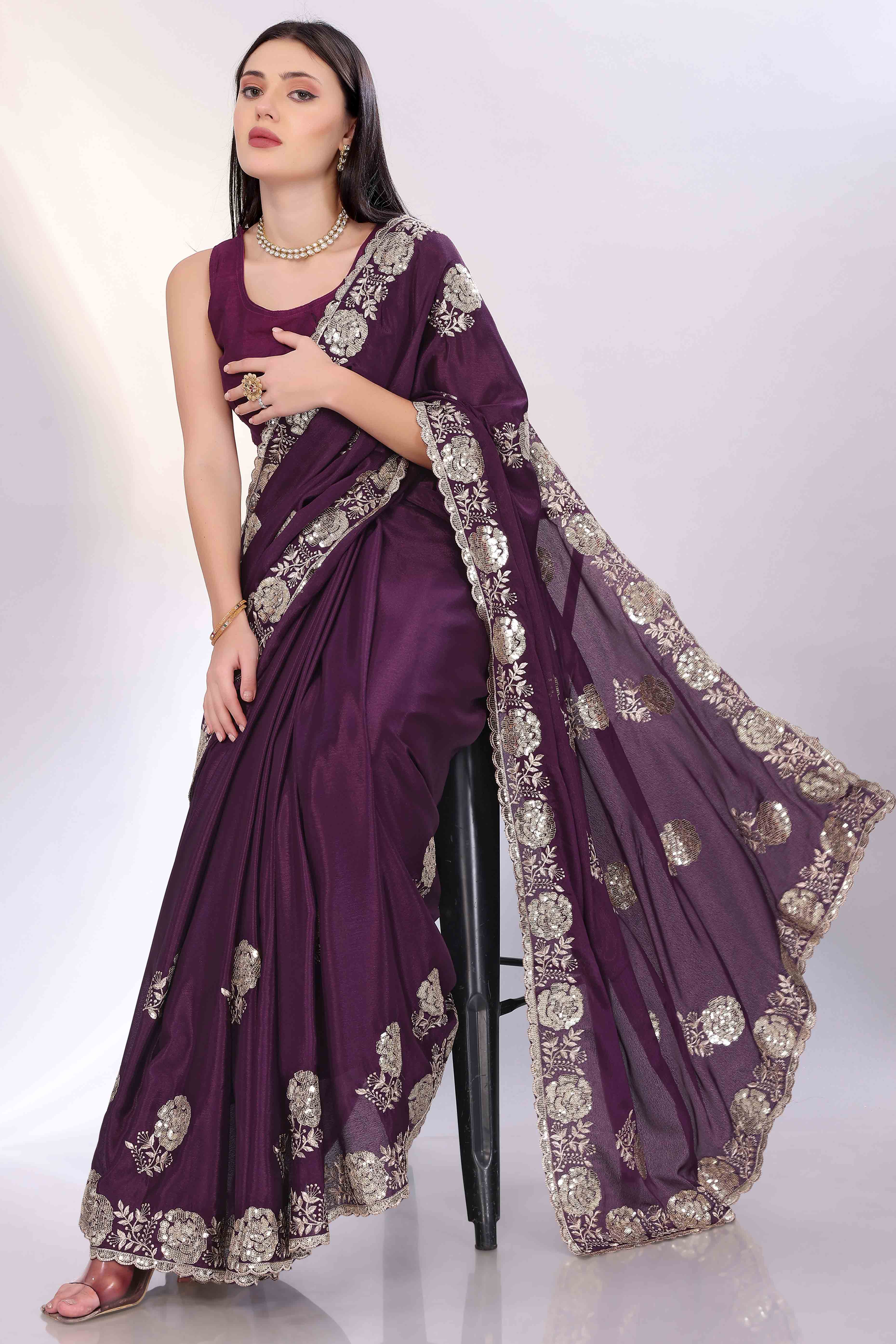 Wine Saree Featuring Intricate Floral Embroidery With Sequins On Chinon Silk