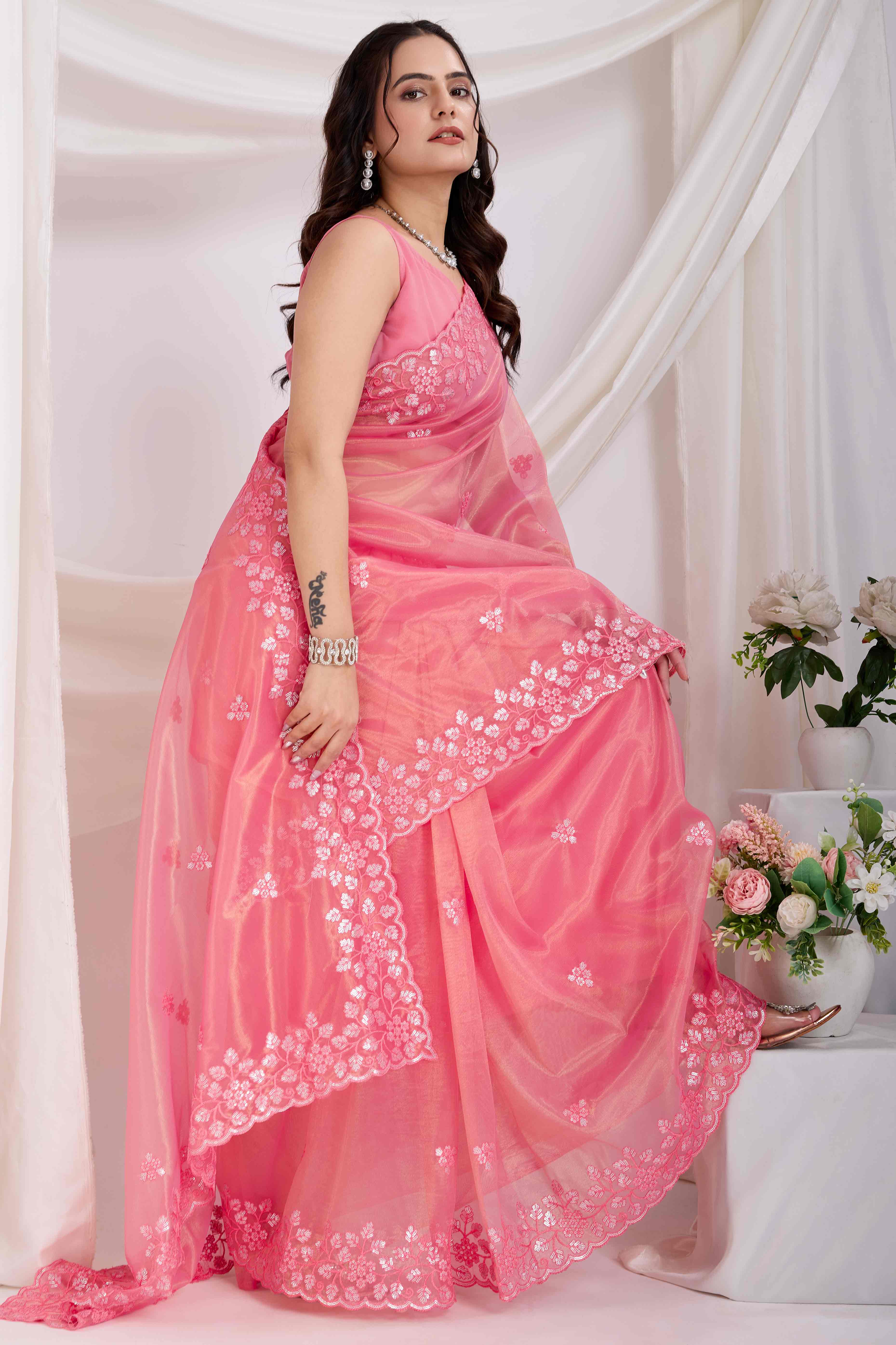 Pink Floral Sequins Embroidered Twill Net Saree