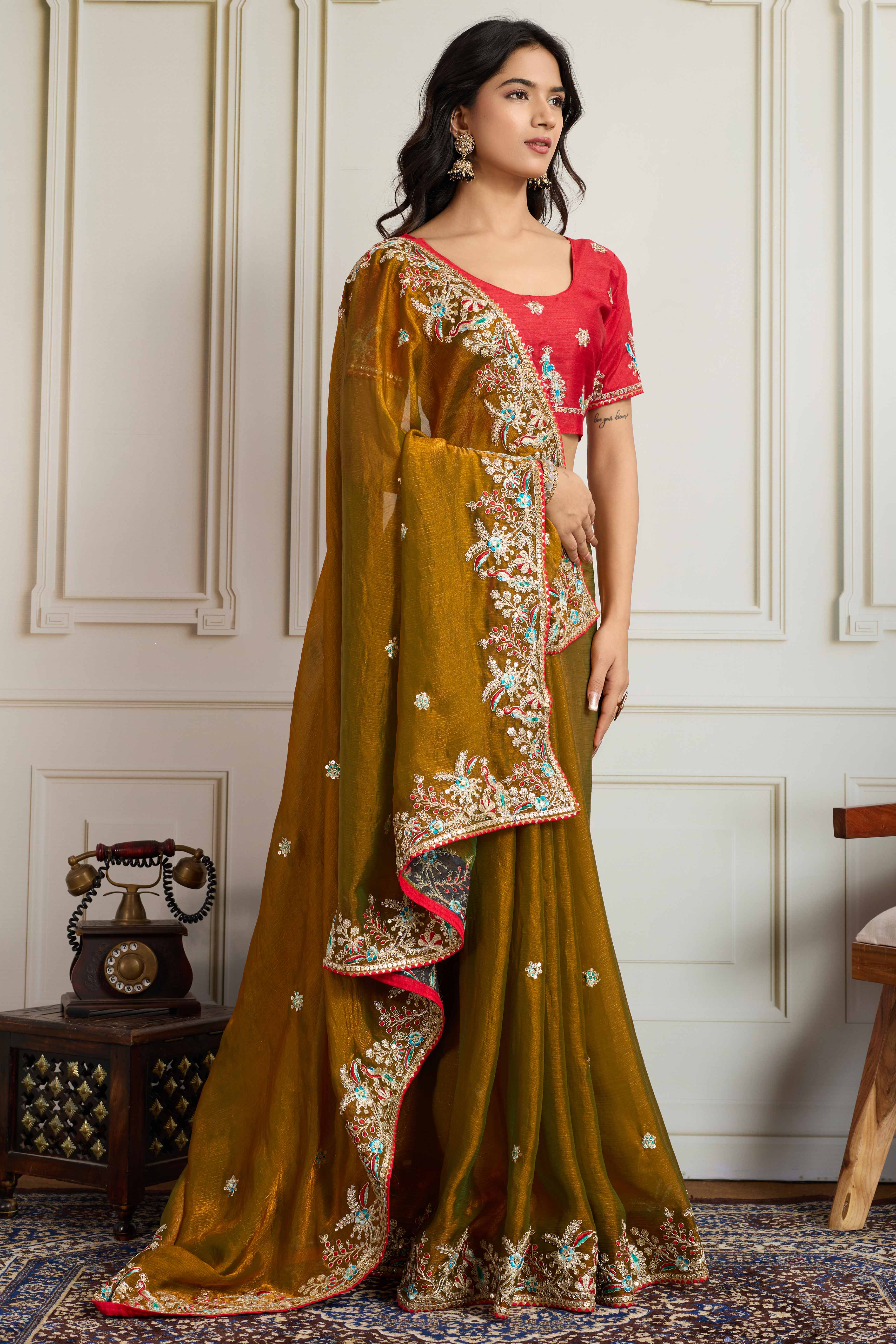 Olive Fancy Chiffon Partywear Saree with Intricate Sequins & Thread Embroidery