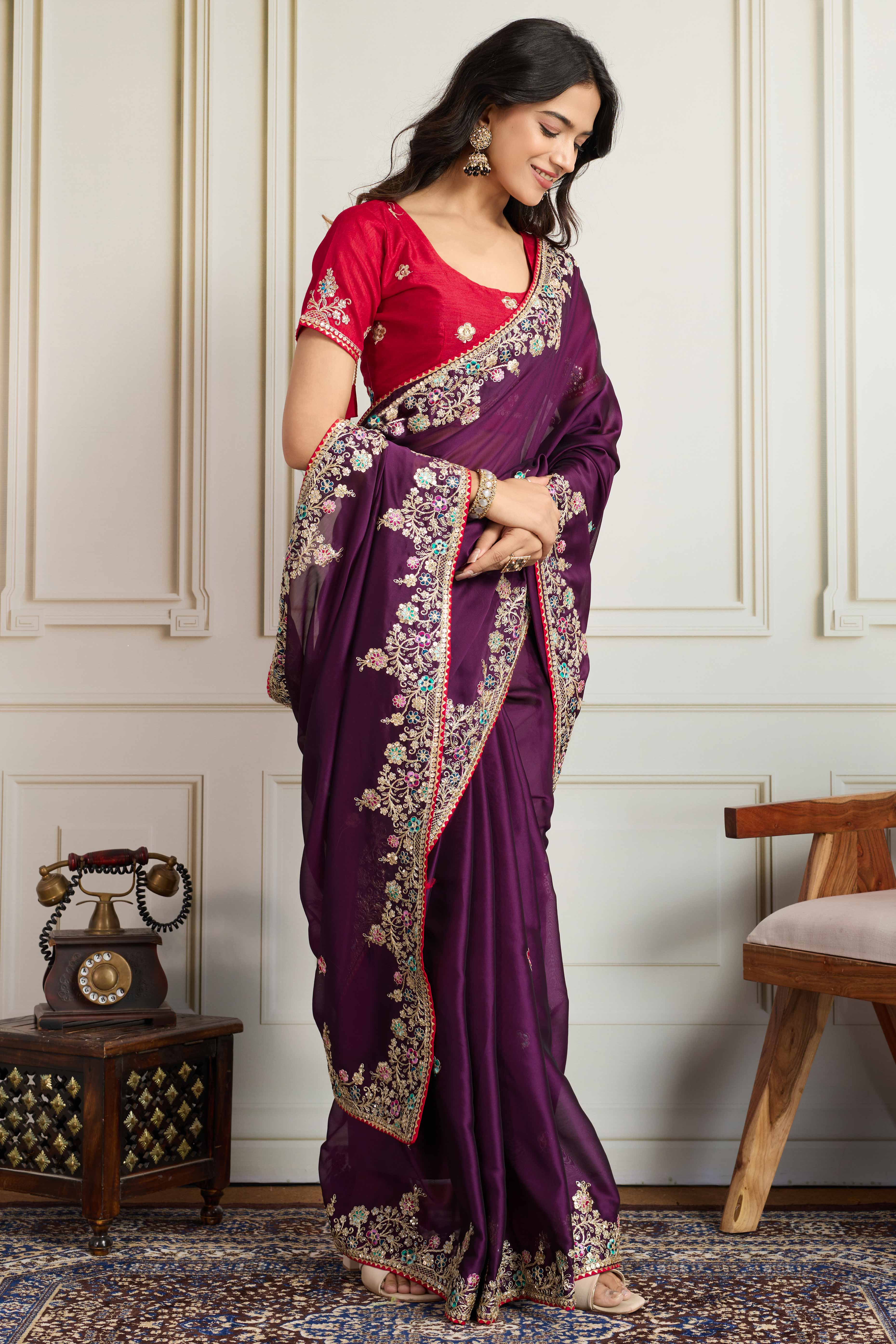 Purple Star Georgette Party Saree with Sequins and Floral Embroidery