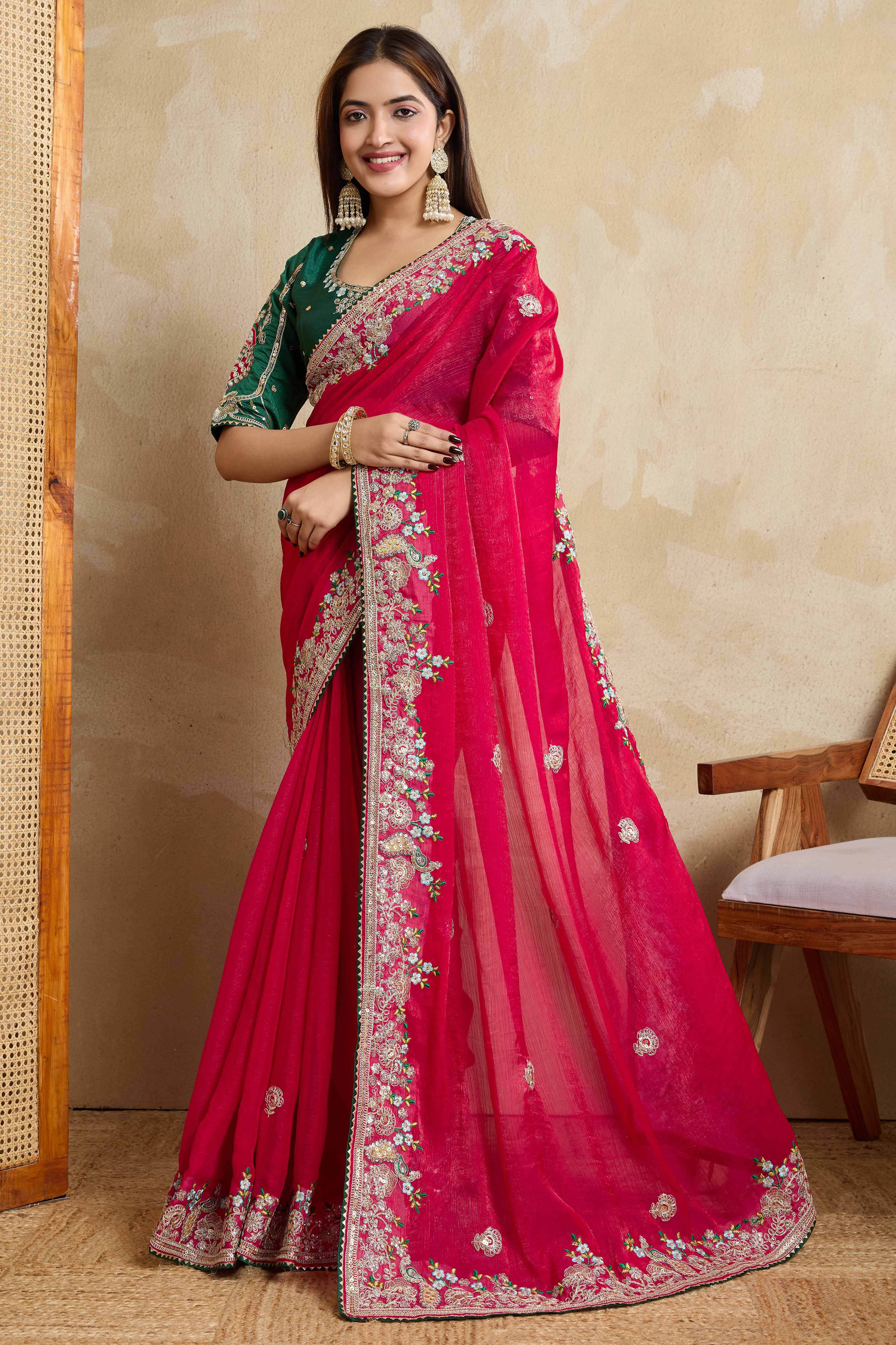 Pink Chiffon Saree With intricate Floral Cording Embroidery & Shimmering Sequins Work