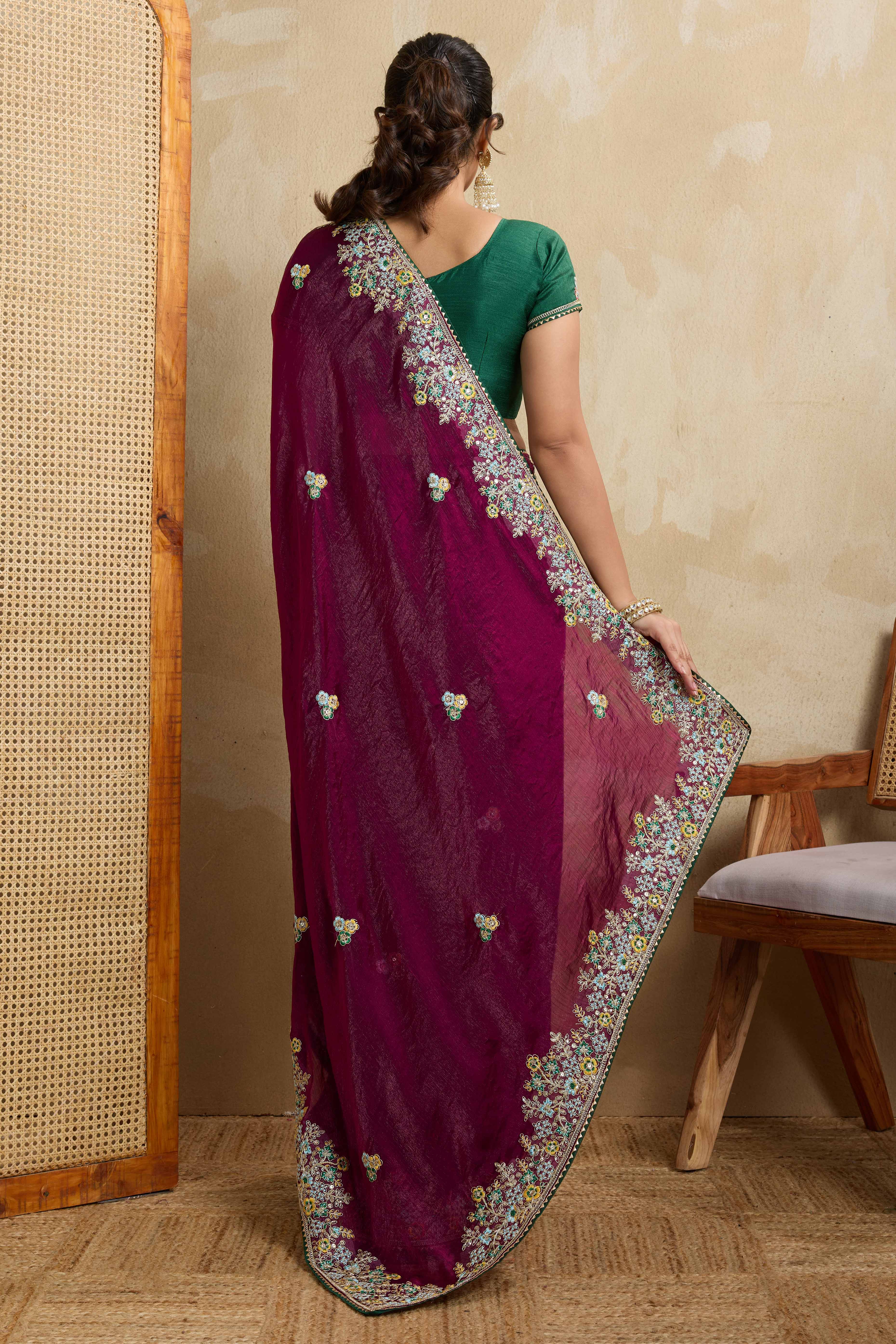 Luxe Frendy Chiffon Saree in Bold Plum Purple with Delicate Floral Embroidery