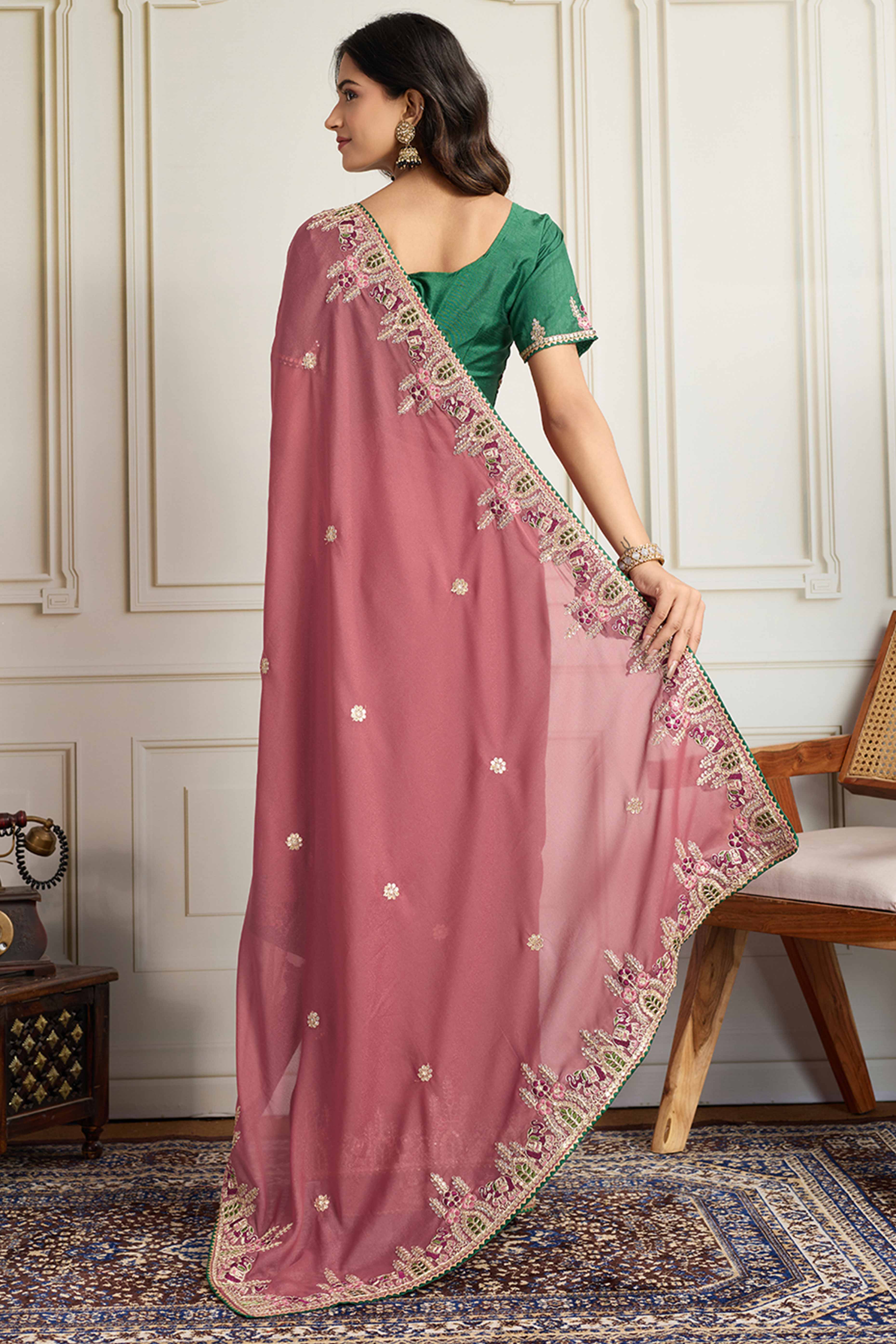 Dusty Rose Pink Georgette Saree Featuring Floral Cording Embroidery & Shimmering Sequins Work