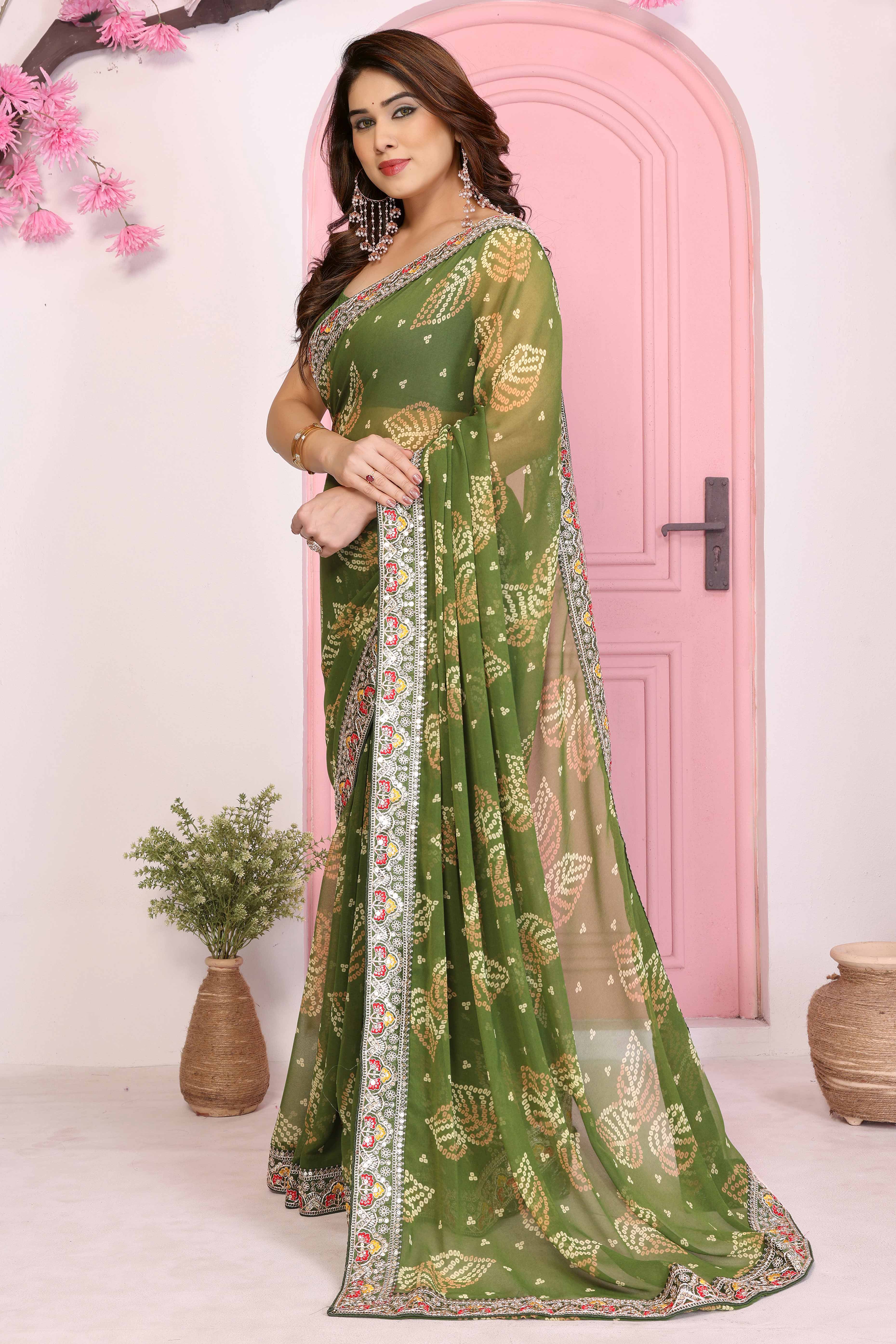 Green Georgette Saree with Traditional Bandhani Print and Lace Accents
