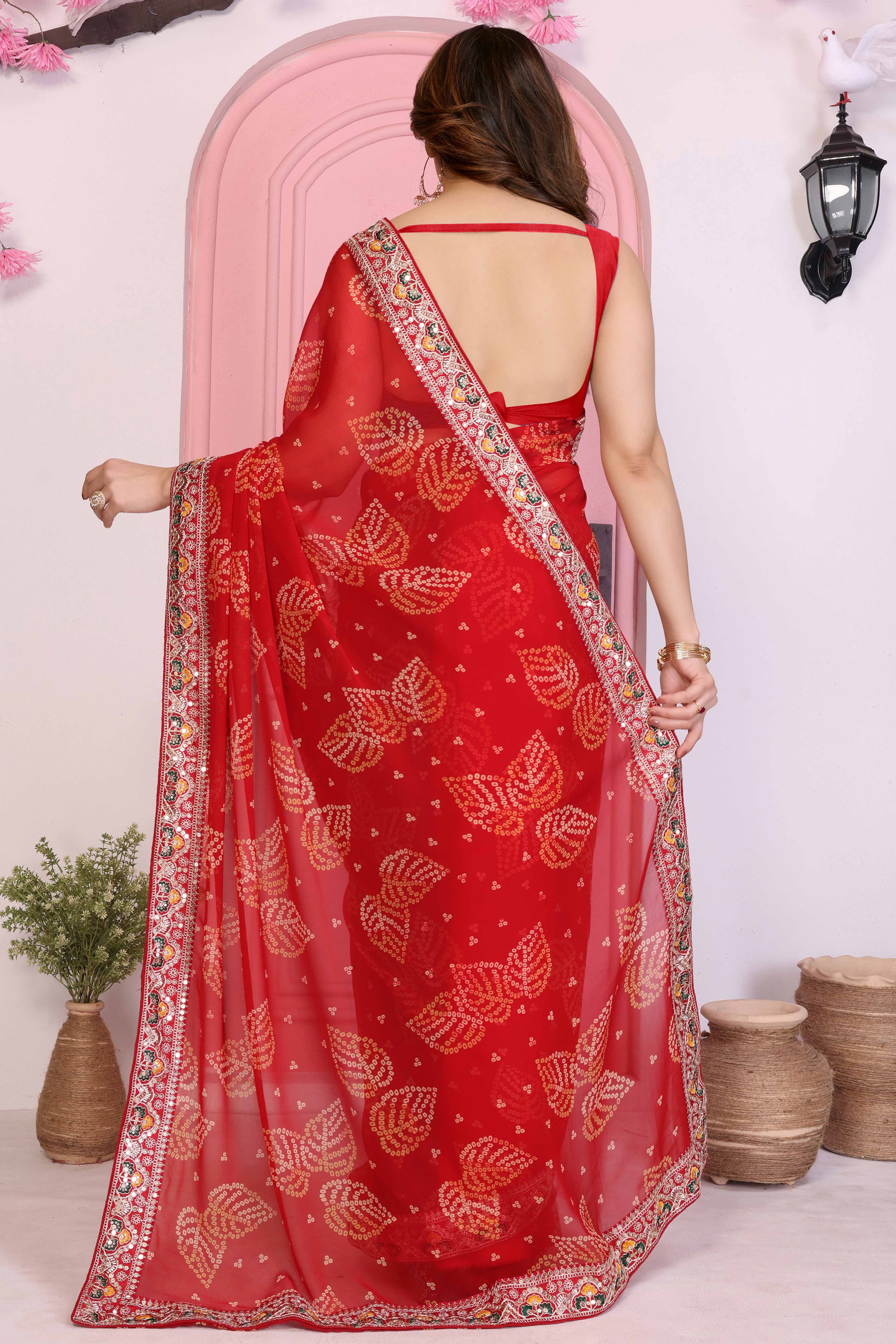 Red Georgette Saree with Traditional Bandhani Print and Lace Accents