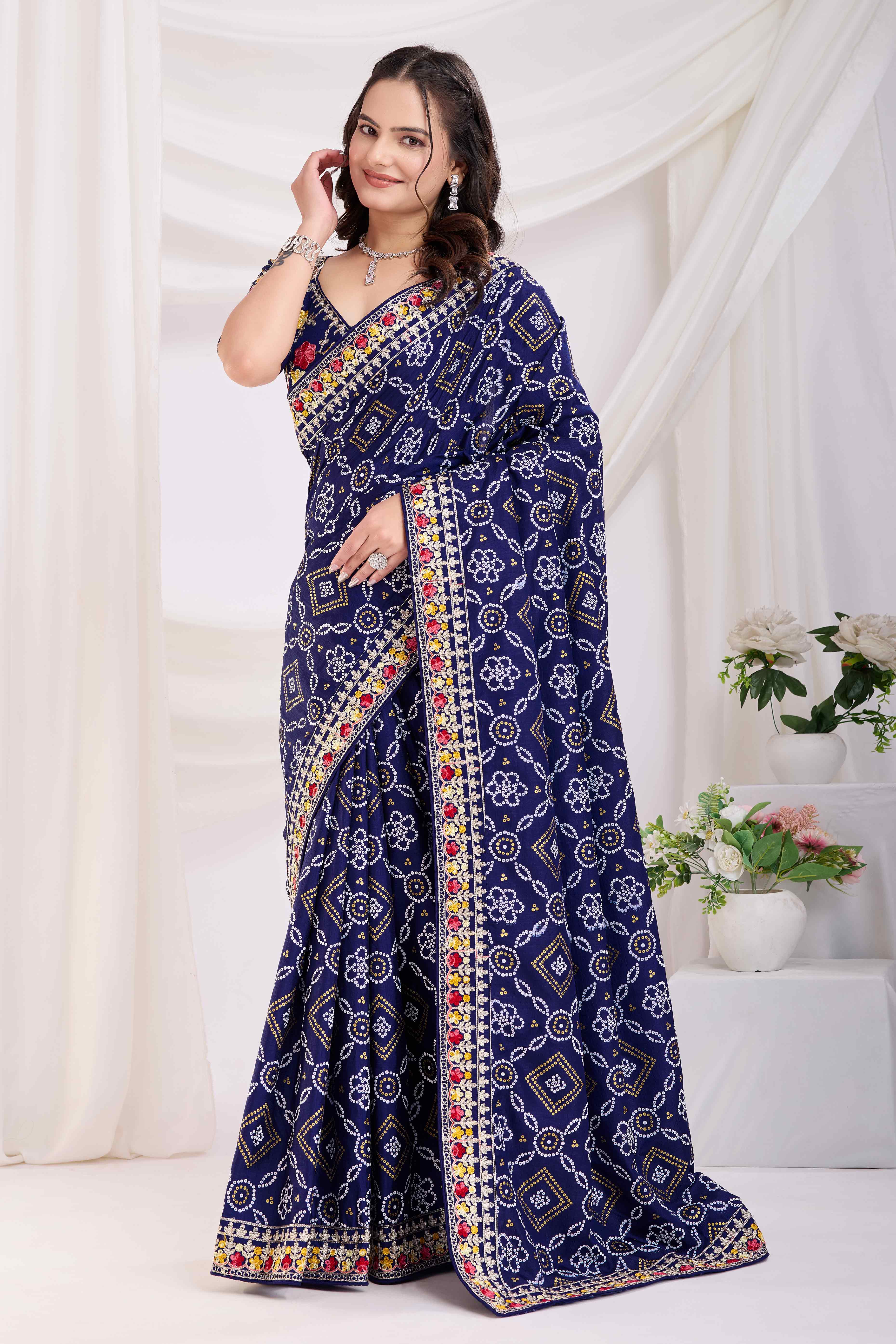 Navy Blue Bandhani Printed Vichitra Silk Saree With Embroidery Border