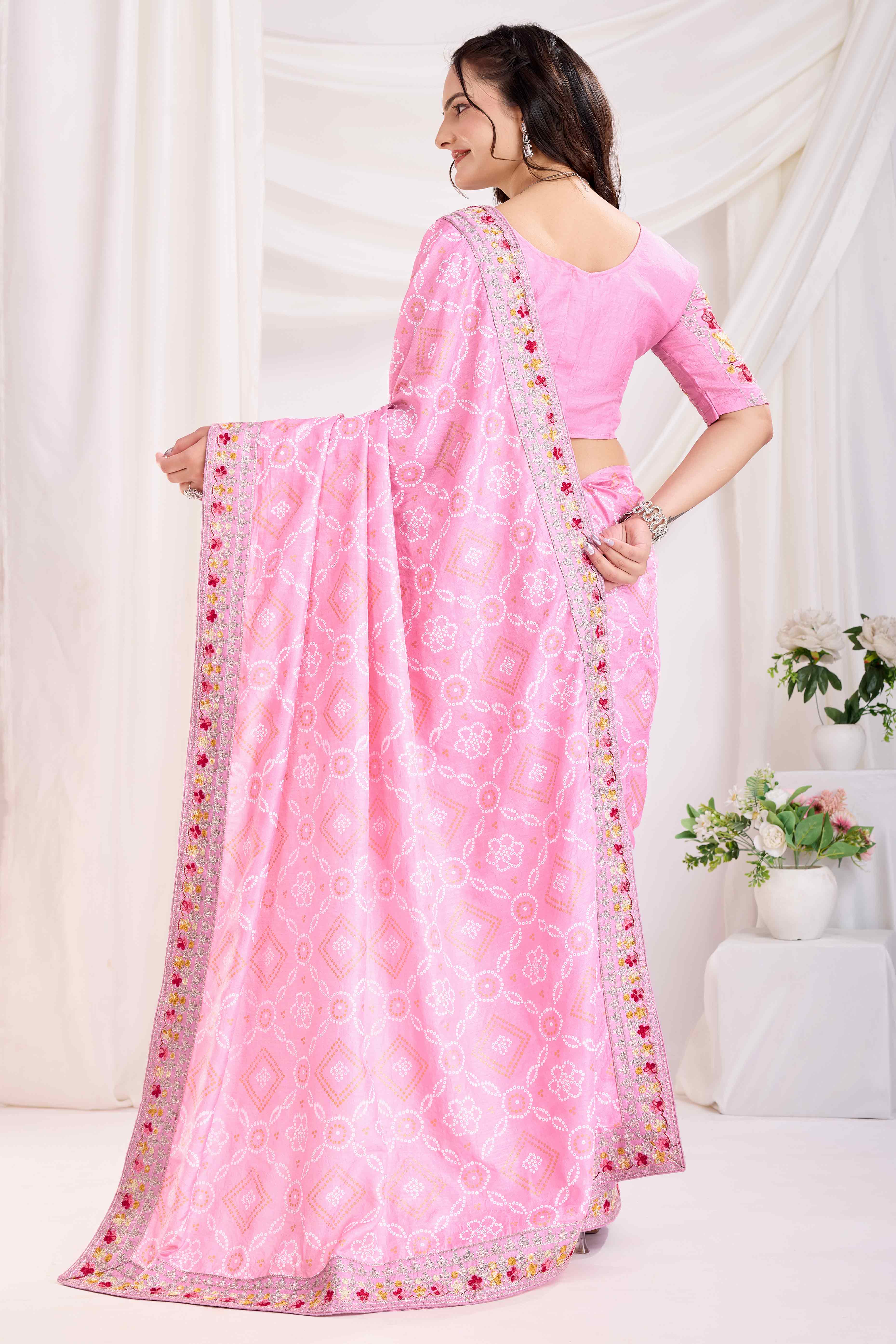 Pink Bandhani Printed Vichitra Silk Saree With Embroidery Border