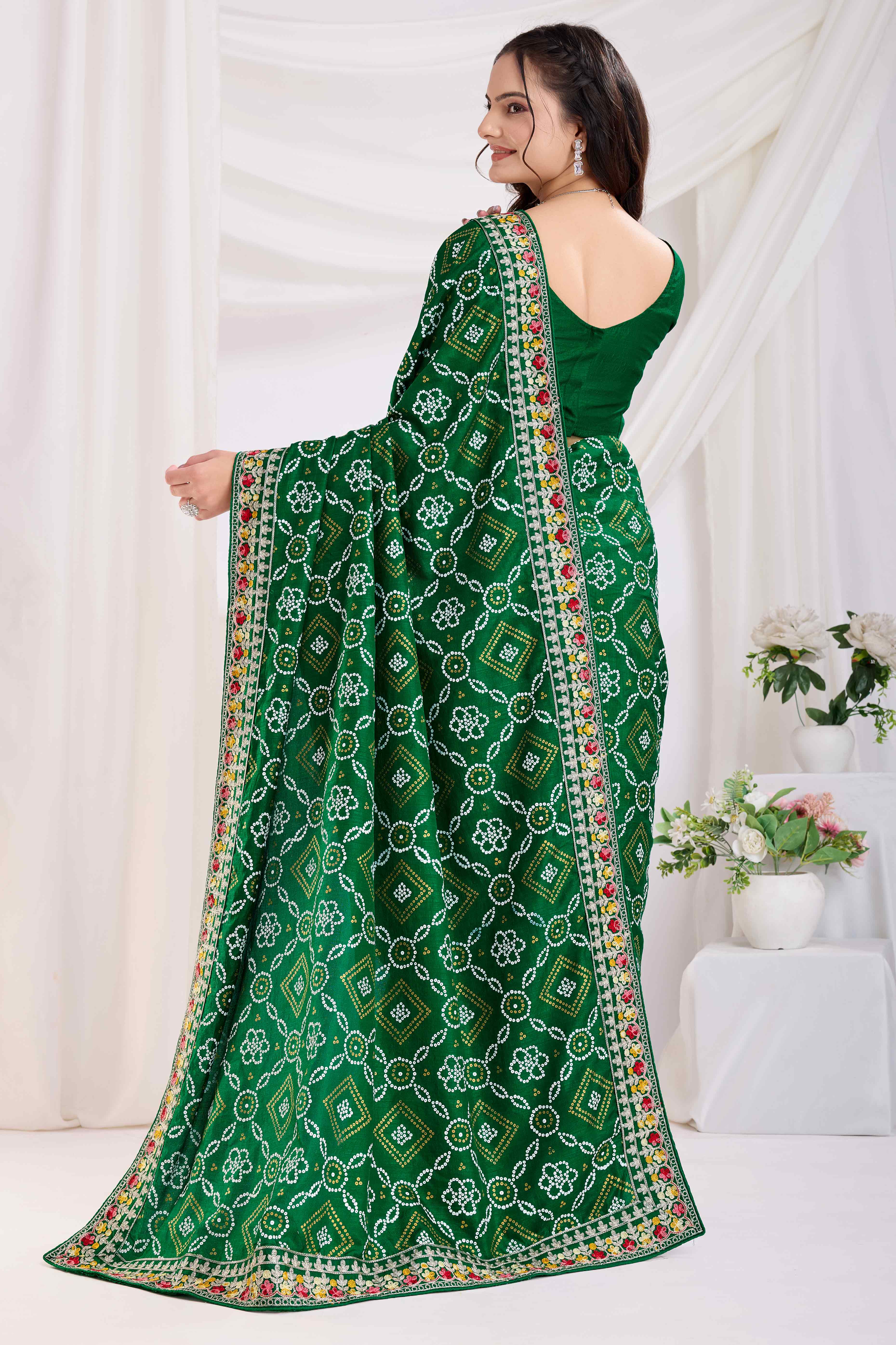 Green Bandhani Printed Vichitra Silk Saree With Embroidery Border