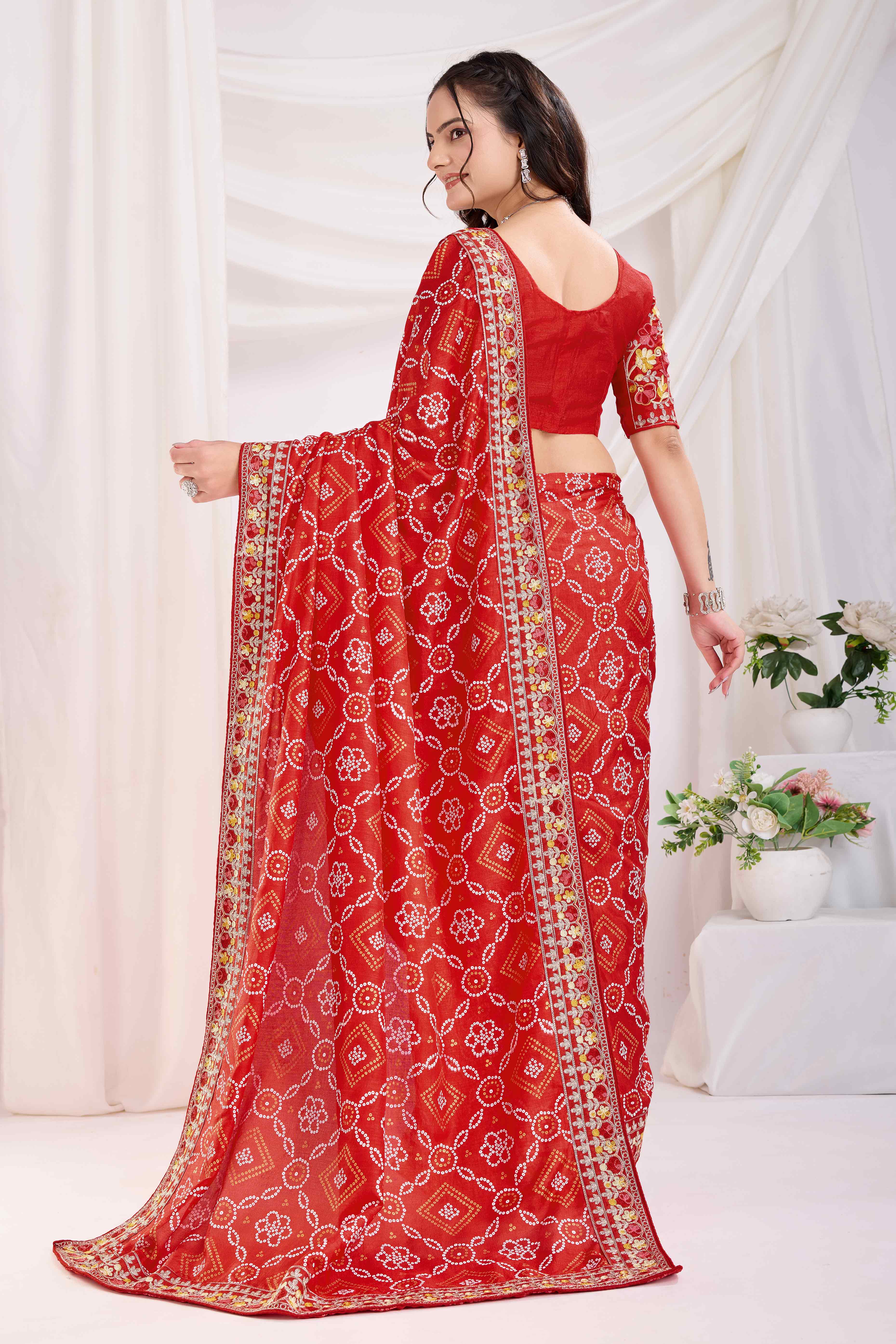 Red Bandhani Printed Vichitra Silk Saree With Embroidery Border