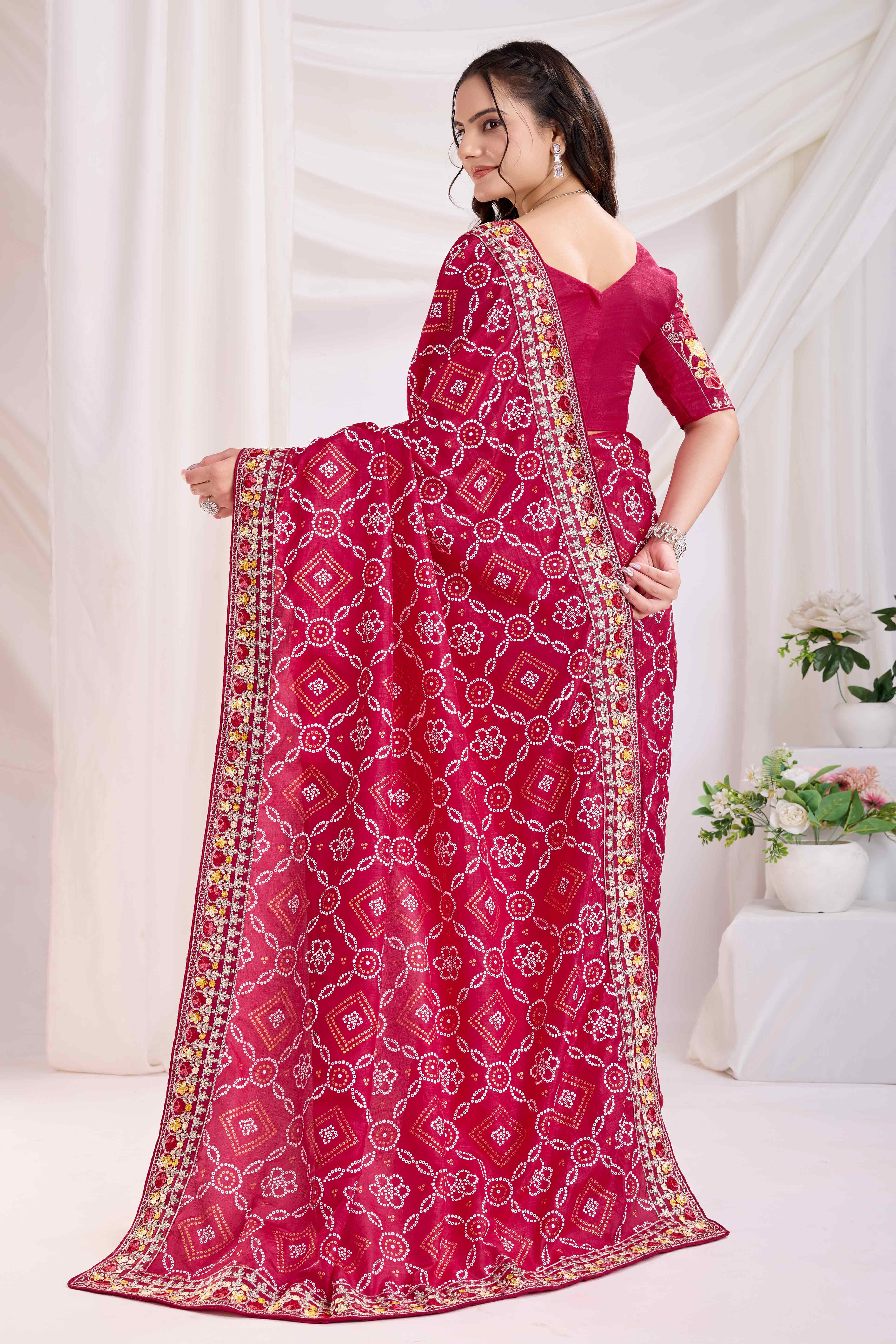 Cherry Red Bandhani Printed Vichitra Silk Saree With Embroidery Border