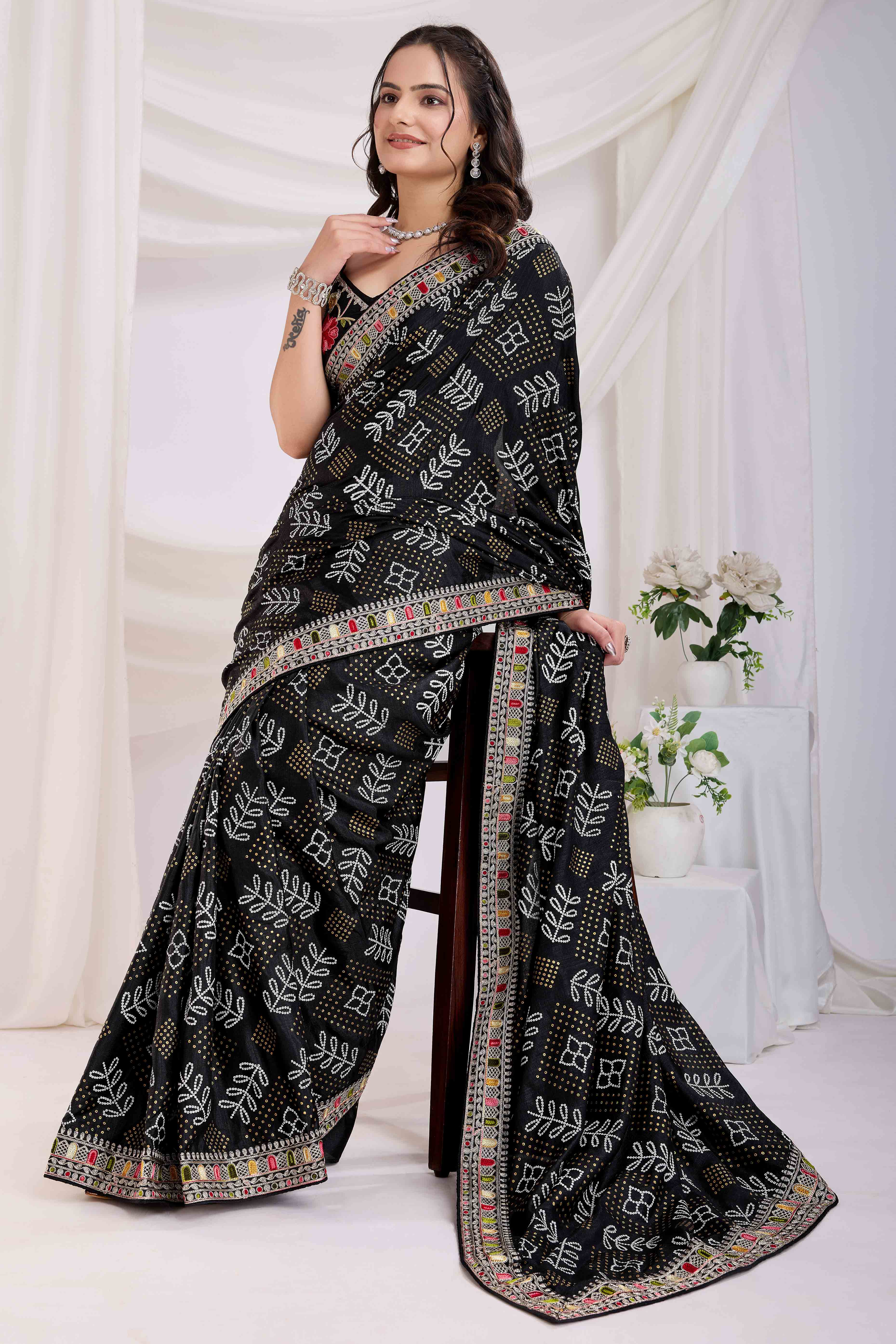 Black Bandhani Printed With Embroidered Border Vichitra Silk Saree