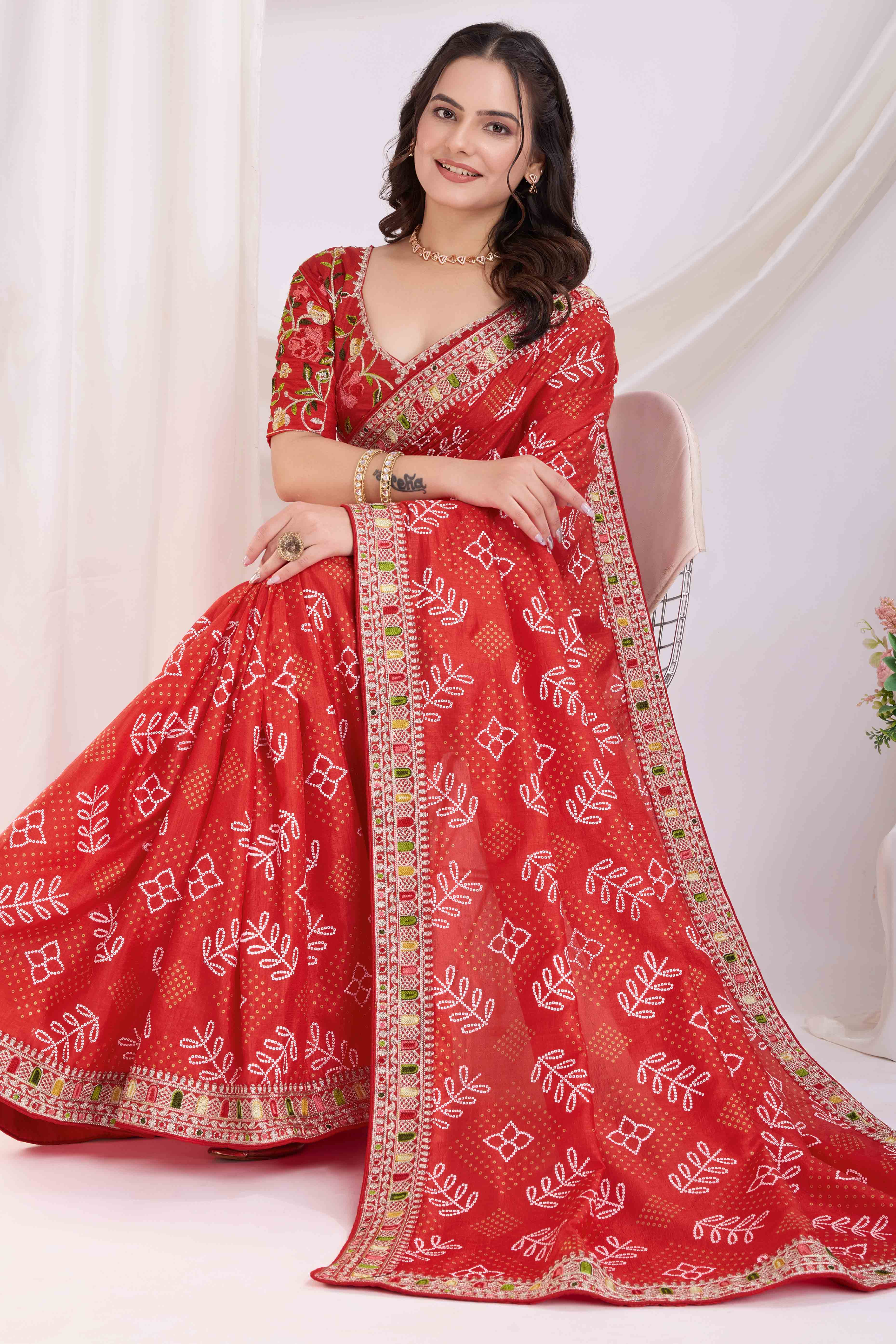 Red Bandhani Printed With Embroidered Border Vichitra Silk Saree