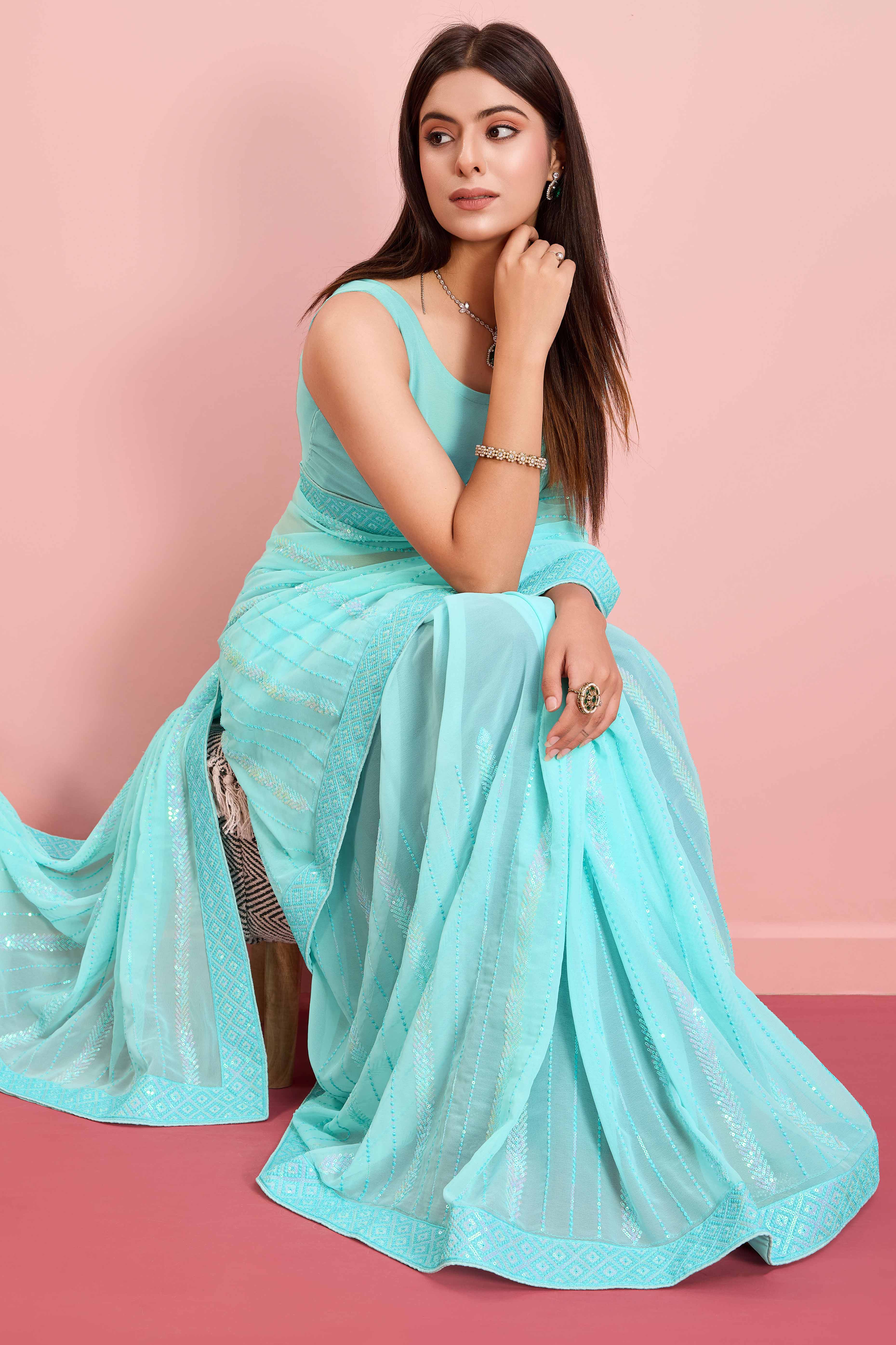 Blue Sequins Embroidered Georgette Saree