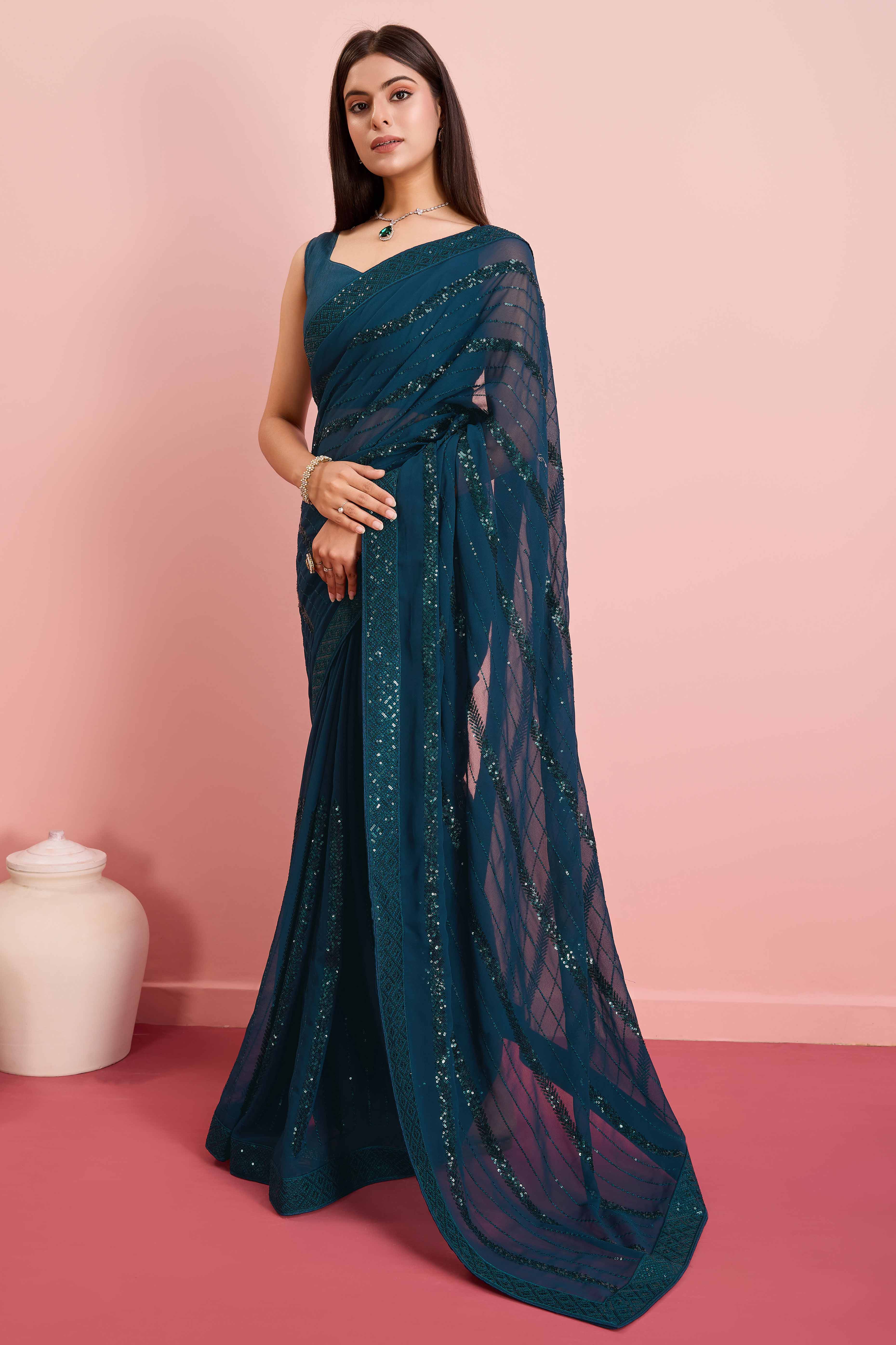 Morpich Blue Sequins Embroidered Georgette Saree