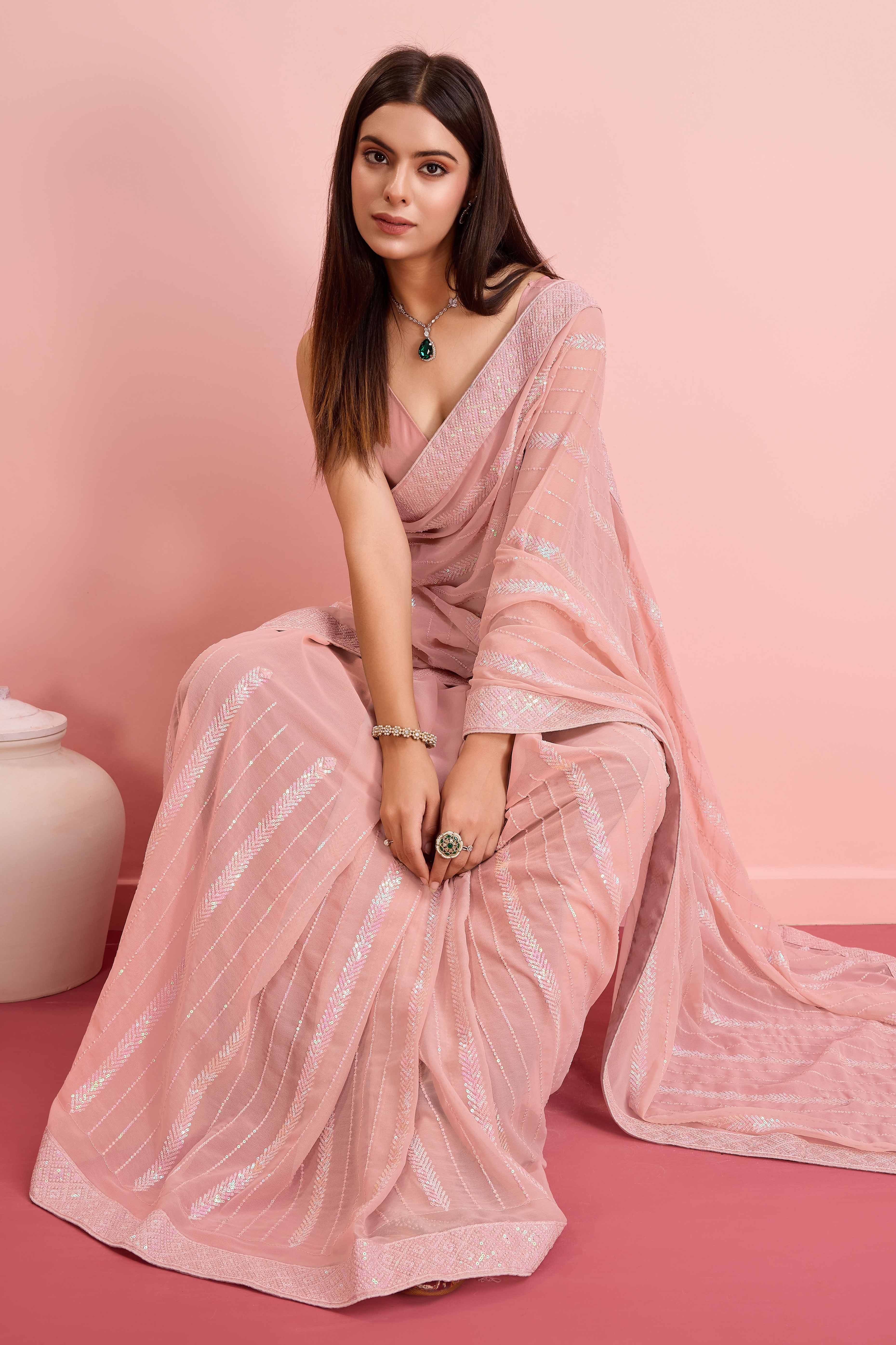 Peach Sequins Embroidered Georgette Saree