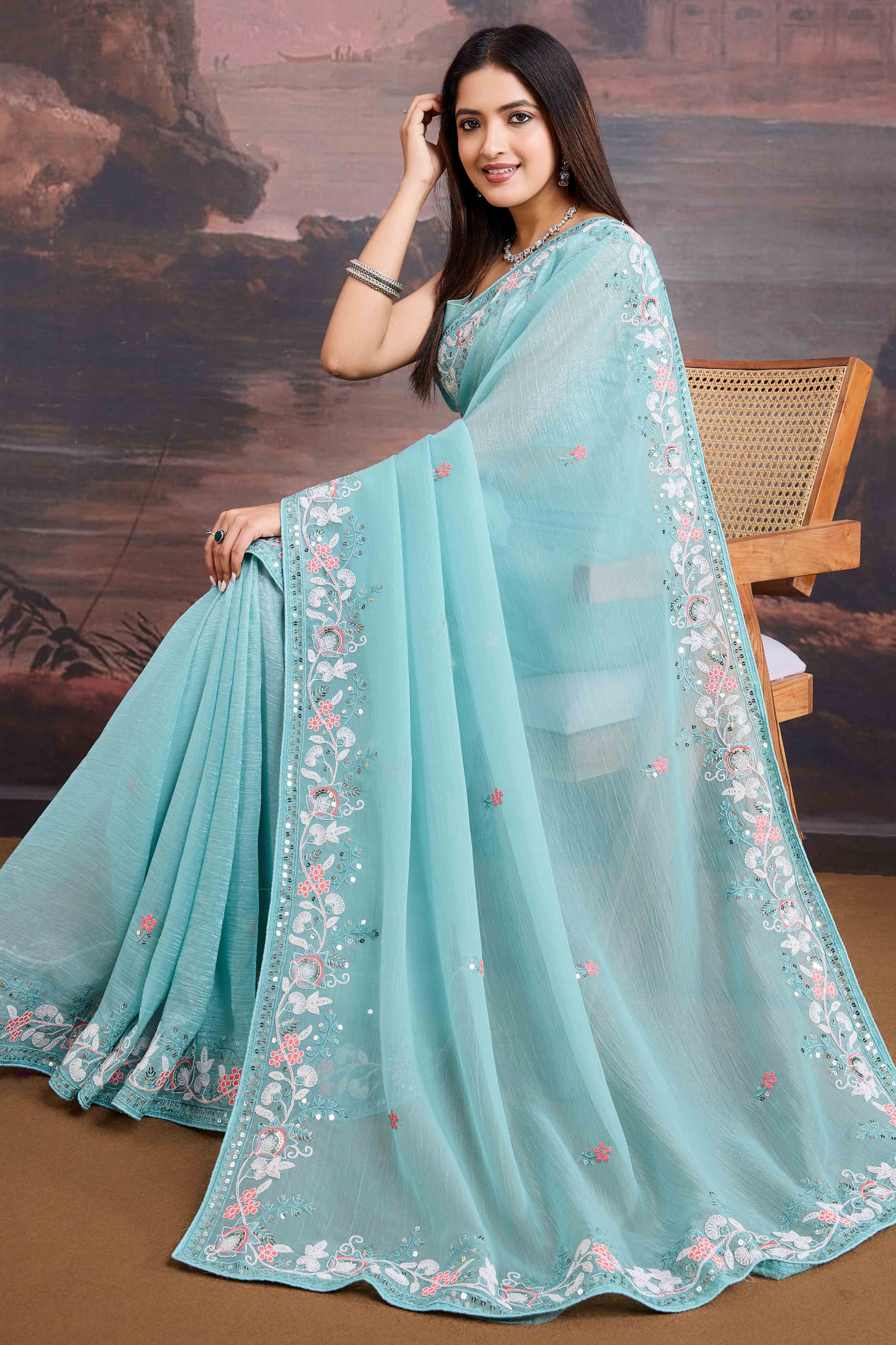 Blue Floral Sequins Embroidered Organza Saree