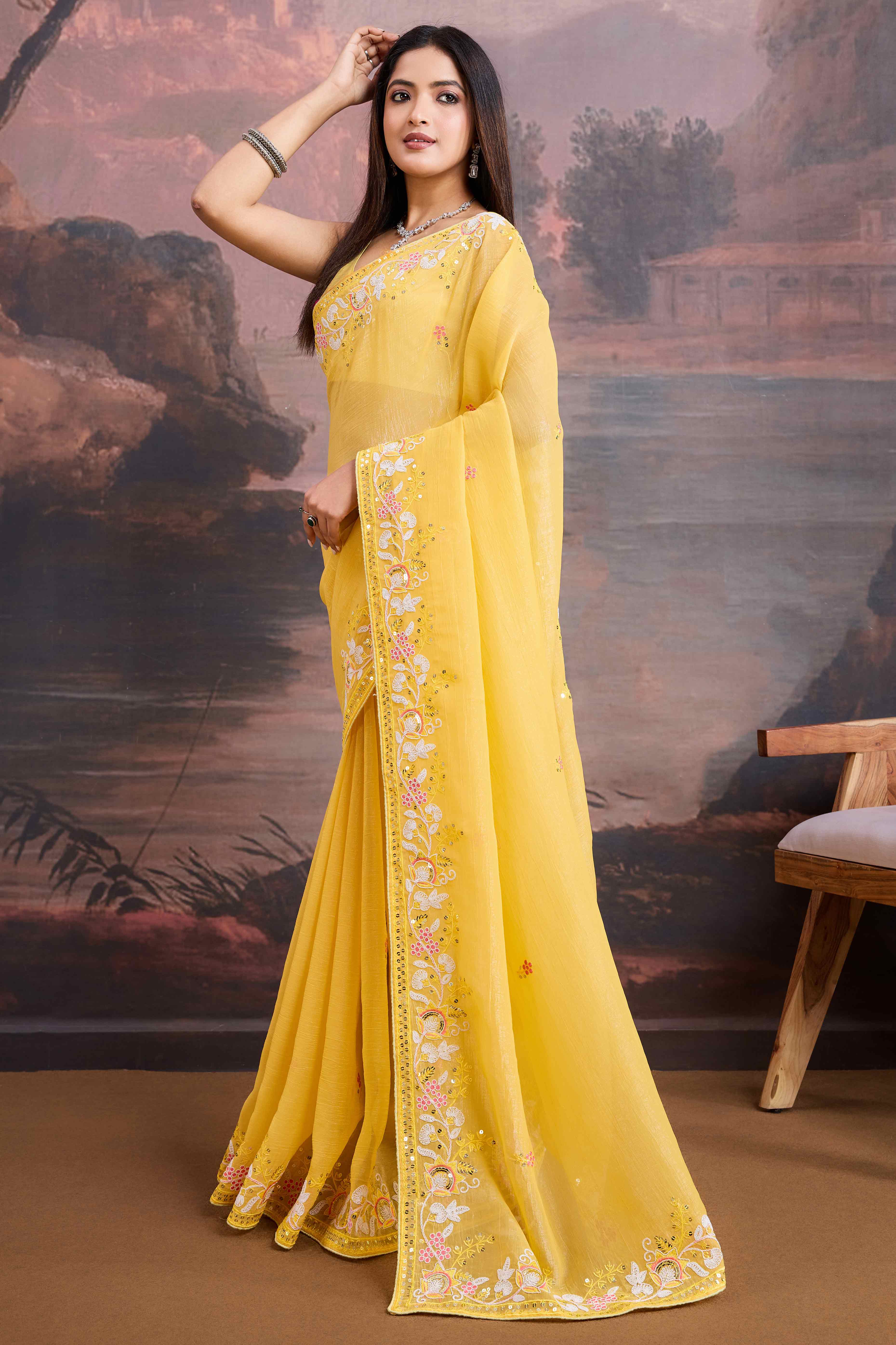 Yellow Floral Sequins Embroidered Organza Saree