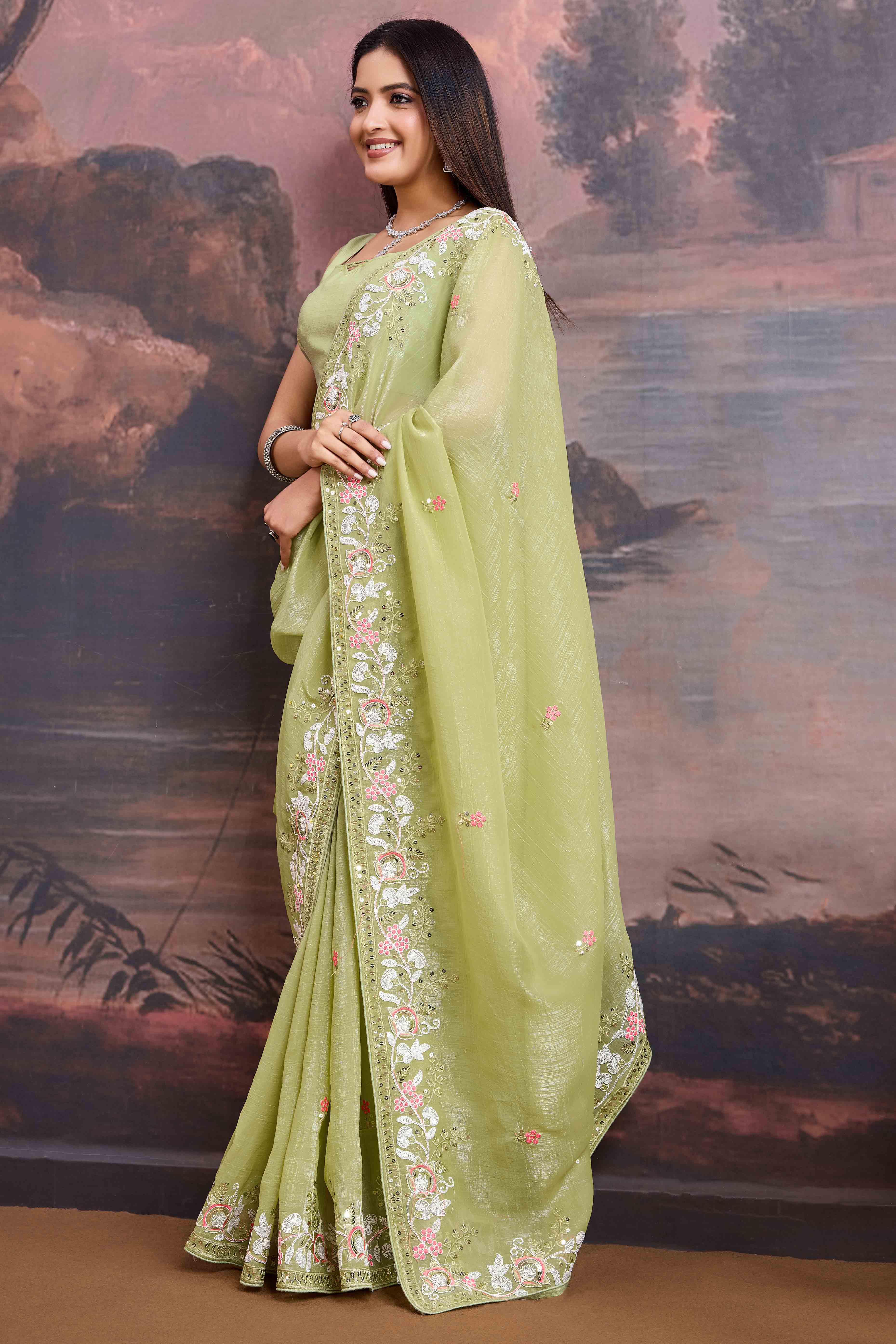 Green Floral Sequins Embroidered Organza Saree
