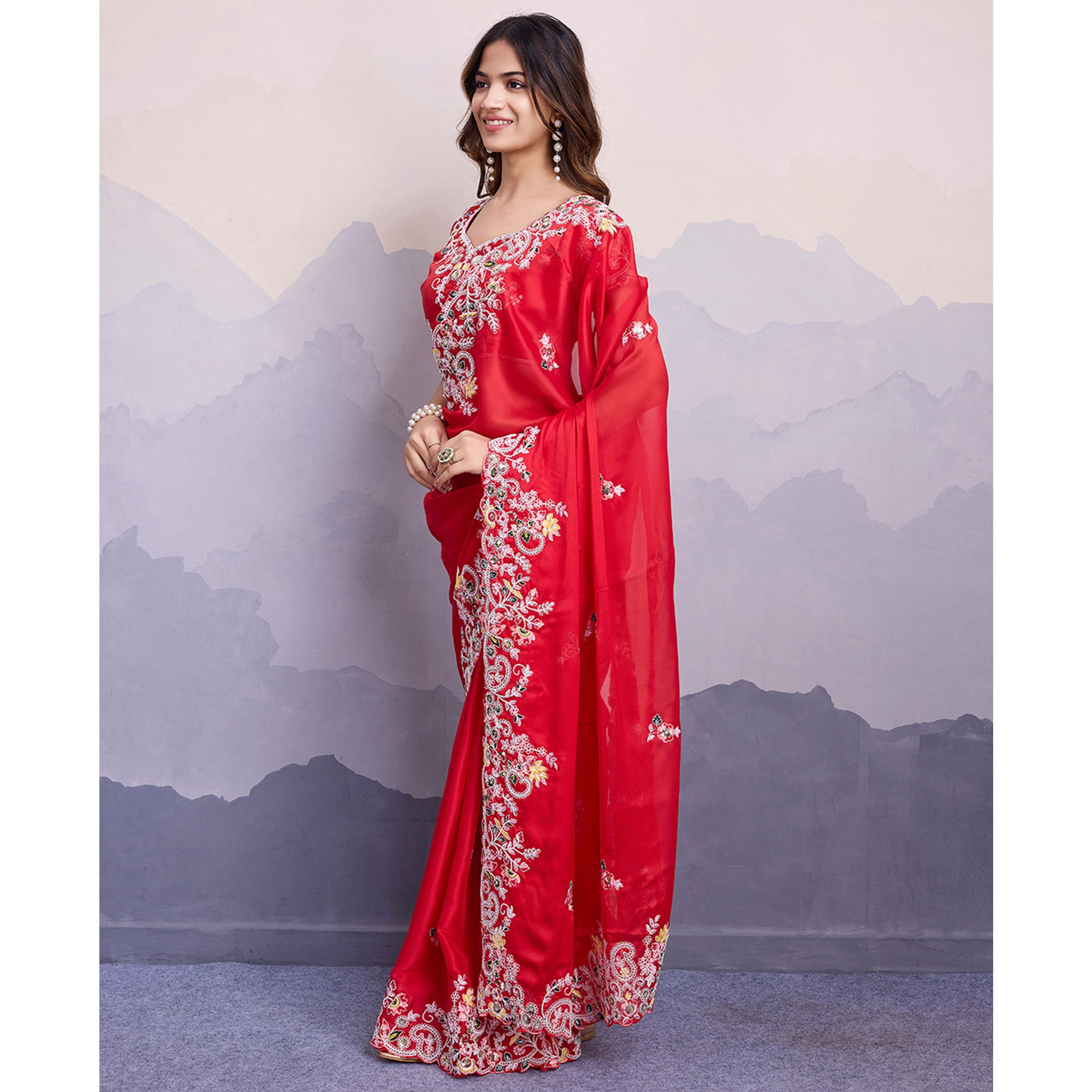 Red Floral Sequins Embroidered Art Silk Saree