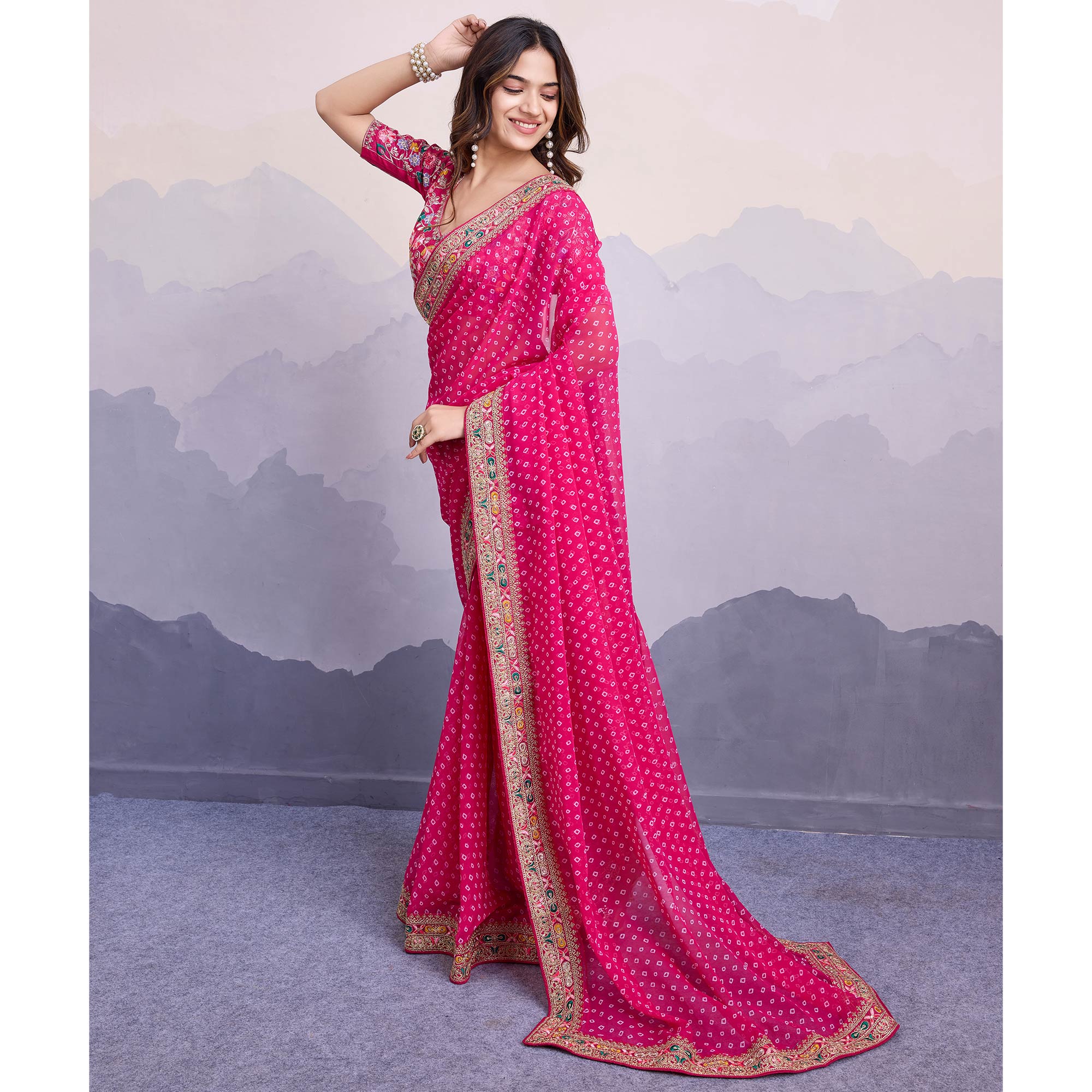 Rani Pink Bandhani Printed Georgette Saree With Embroidered Lace Border